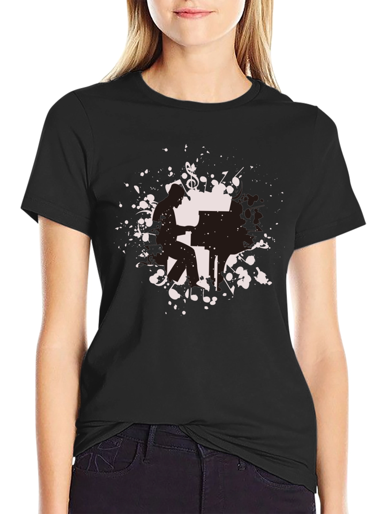 Black Piano Player Graphic Tee - Black Cotton Shirt view 2