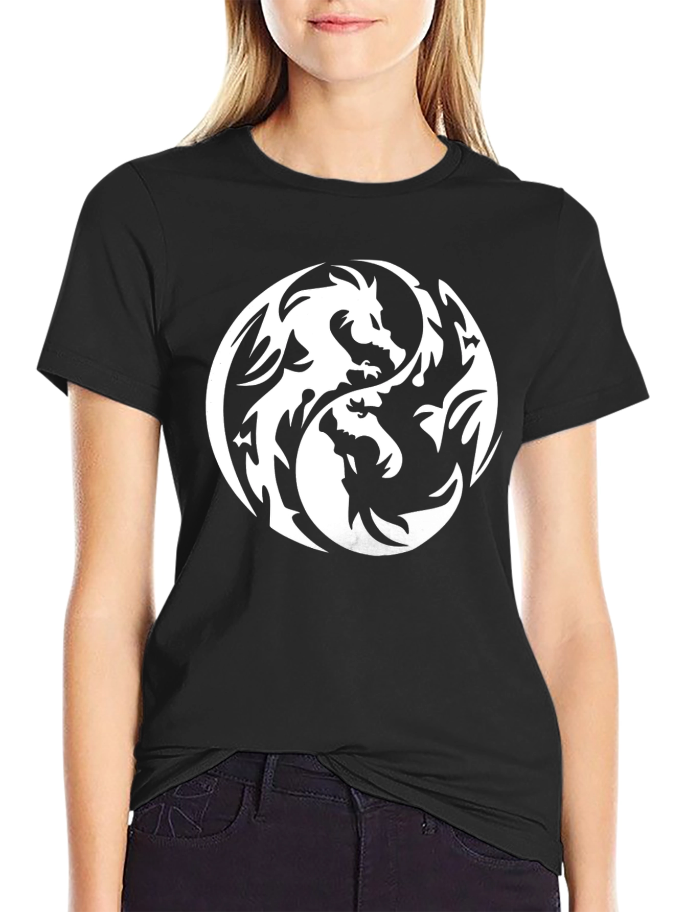 Black Yin Yang Dragon Graphic Tee - Black Cotton T-Shirt view 2