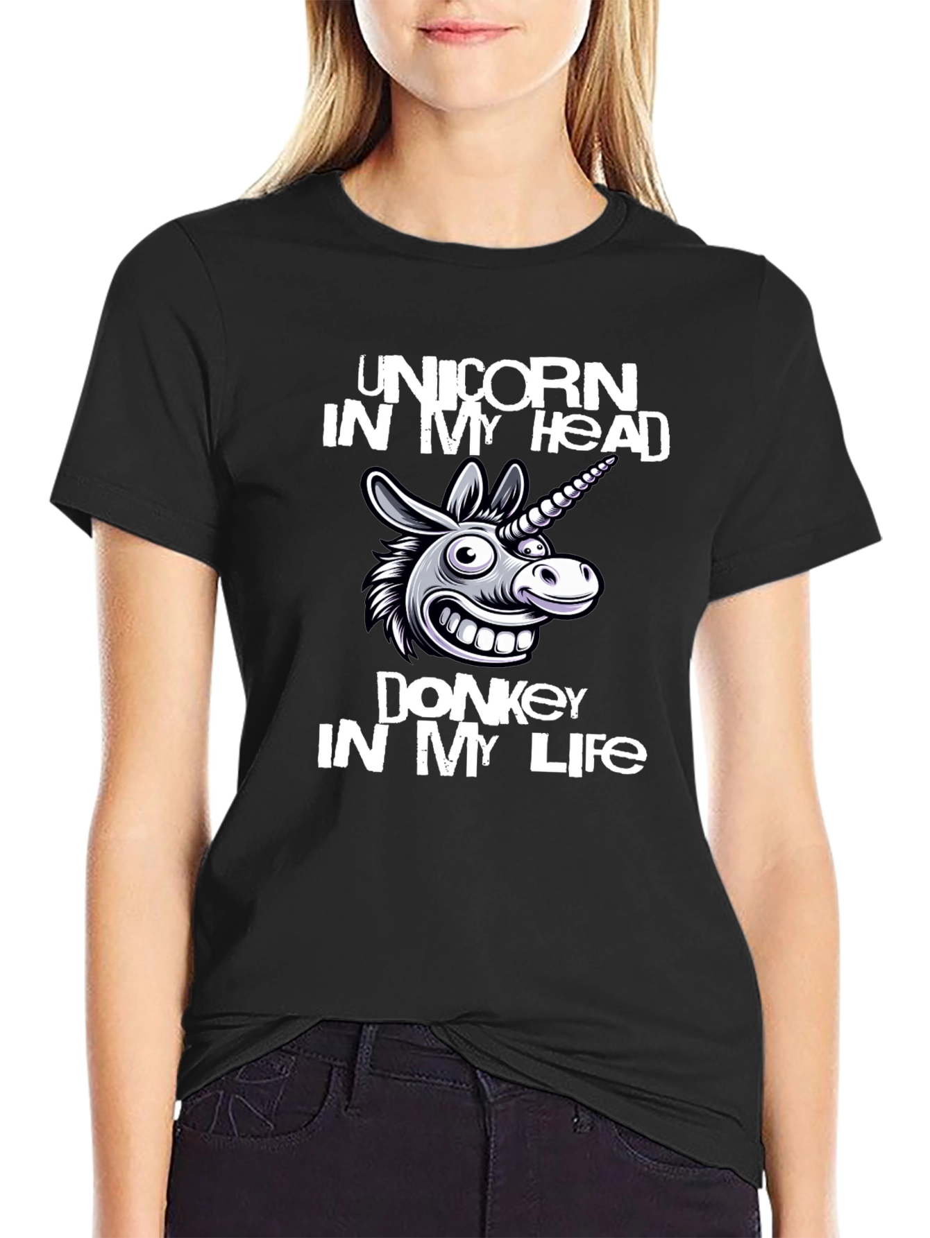 Black Unicorn Donkey Graphic Tee - Men's Black Cotton T-Shirt view 2