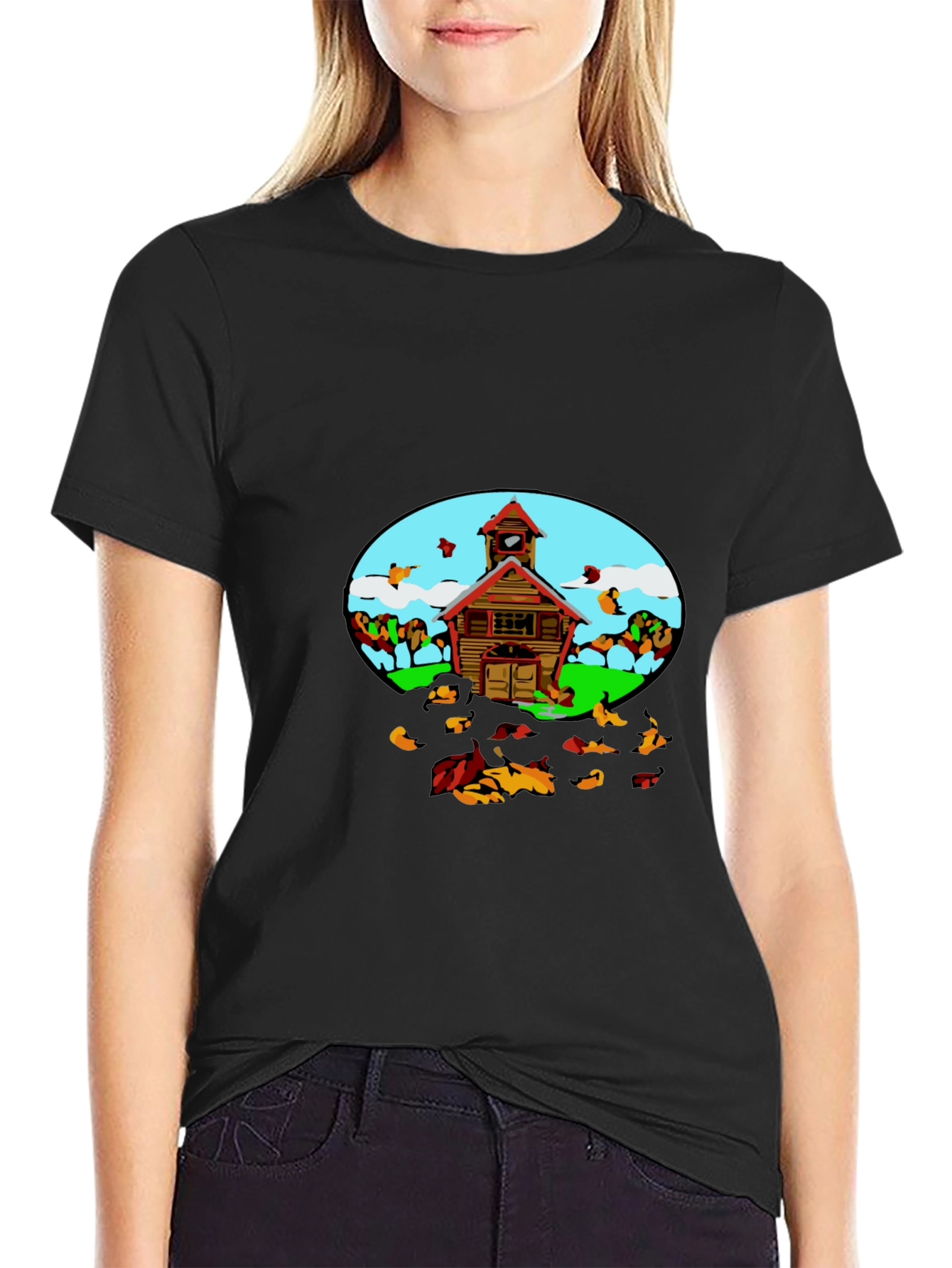 Black Cartoon Schoolhouse T-Shirt - Fun Graphic Tee view 2