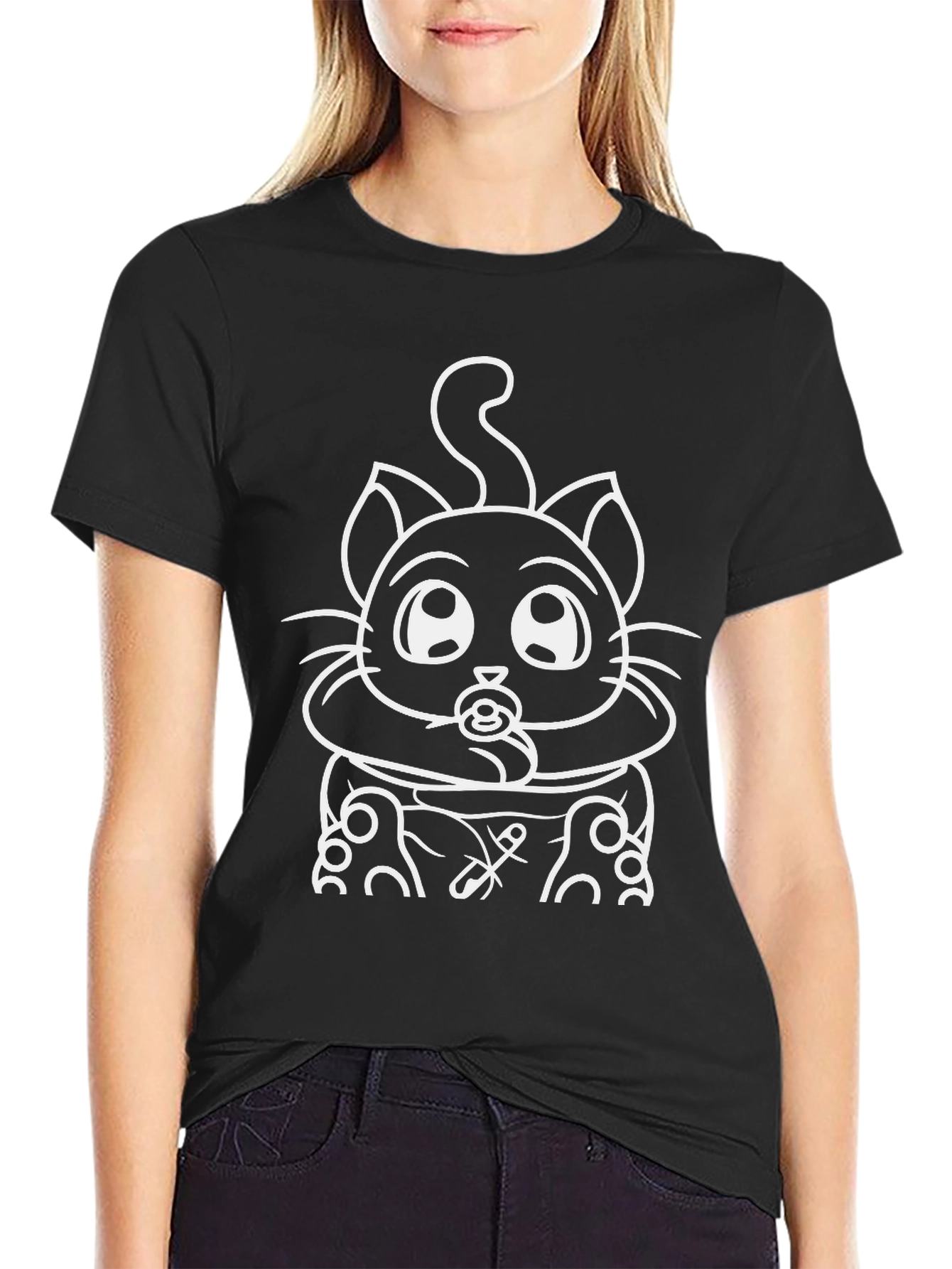Black Black T-Shirt with Funny Cat Graphic view 2