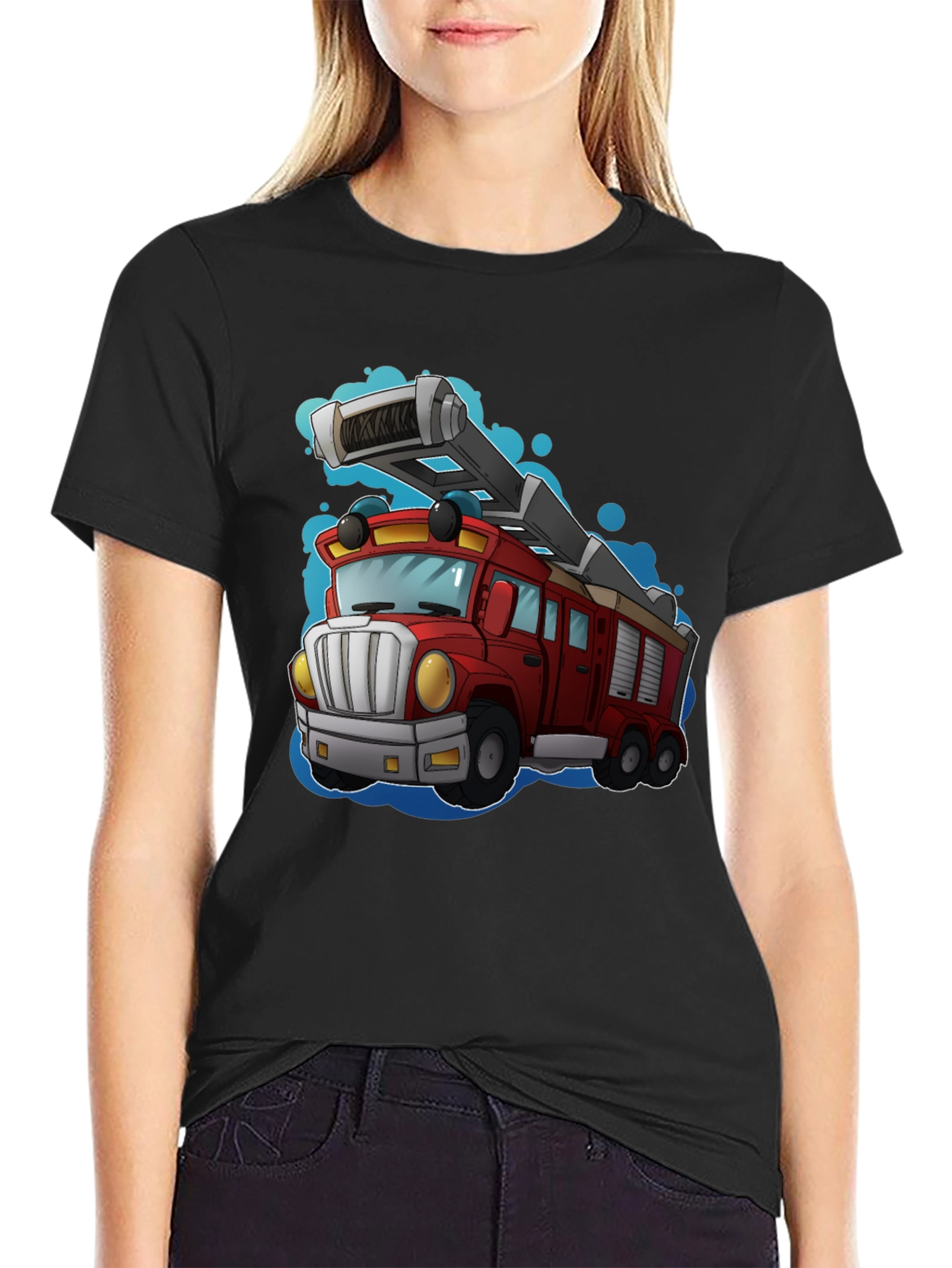 Black Cartoon Fire Truck T-Shirt view 2