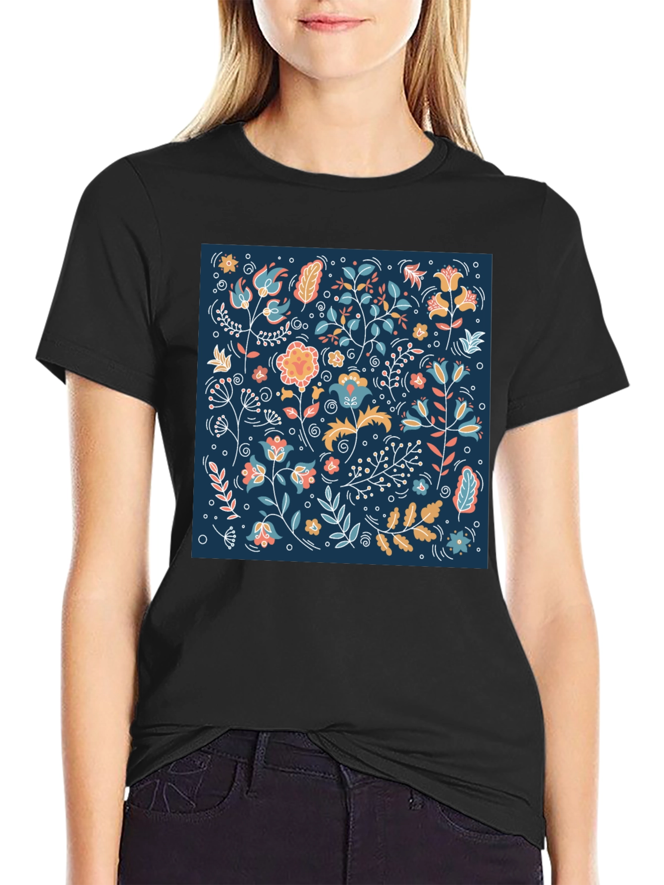 Black Floral Pattern Black T-Shirt view 2