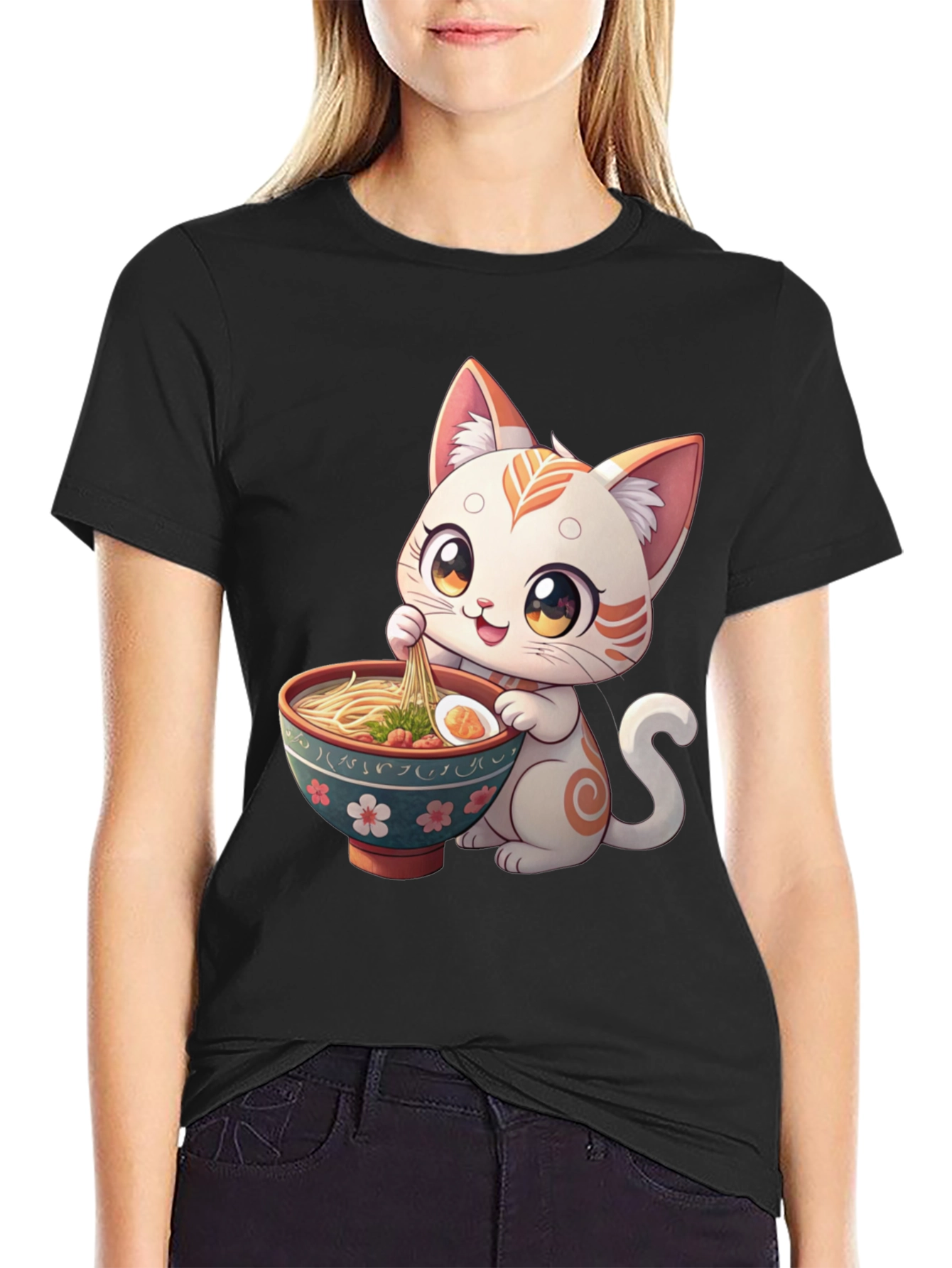 Black Cute Cat Ramen T-Shirt - Kawaii Kitten Eating Noodles Tee view 2