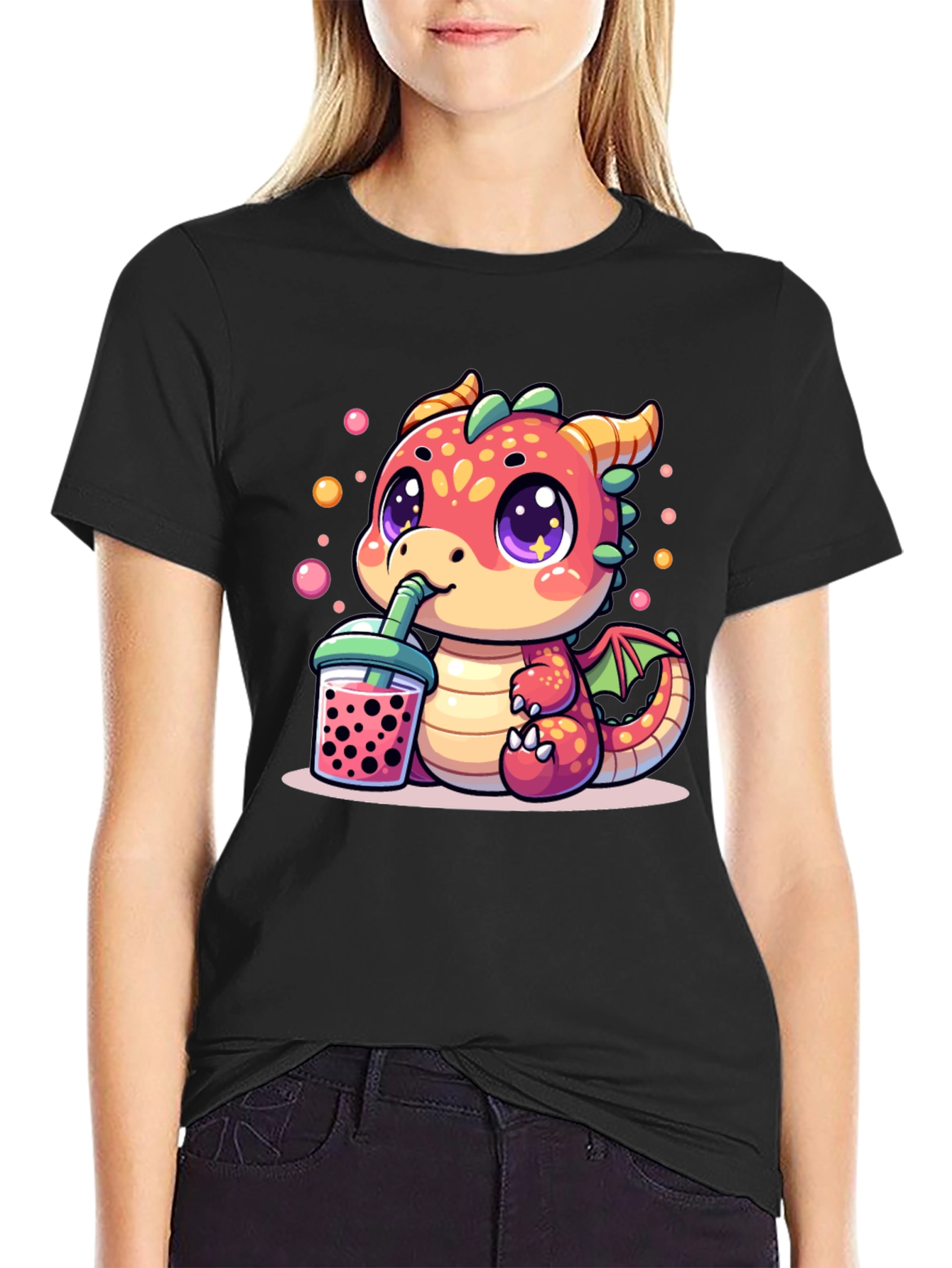 Black Cute Dragon Boba Tea T-Shirt view 2