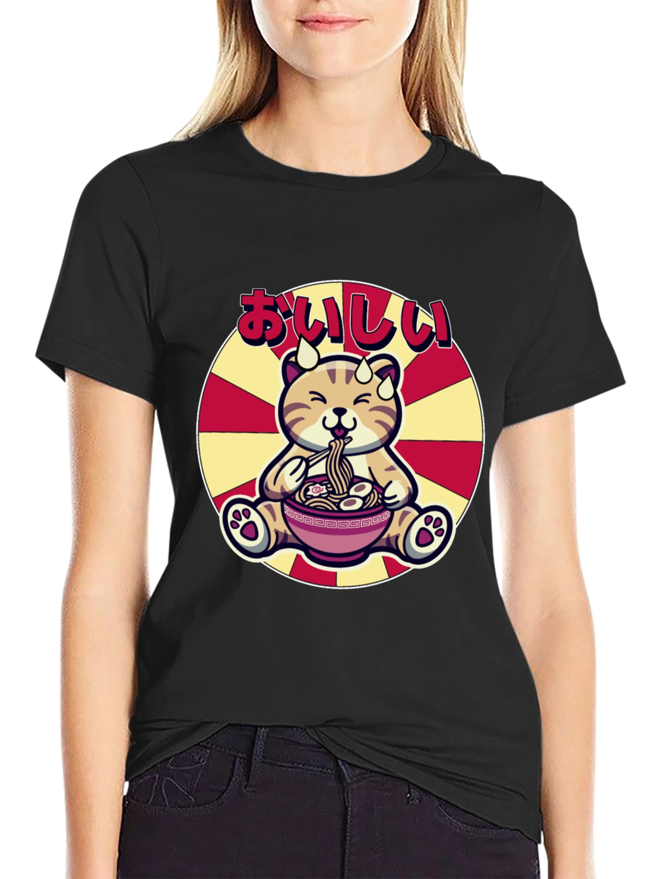 Black Cute Ramen Cat T-Shirt - Delicious Graphic Tee view 2
