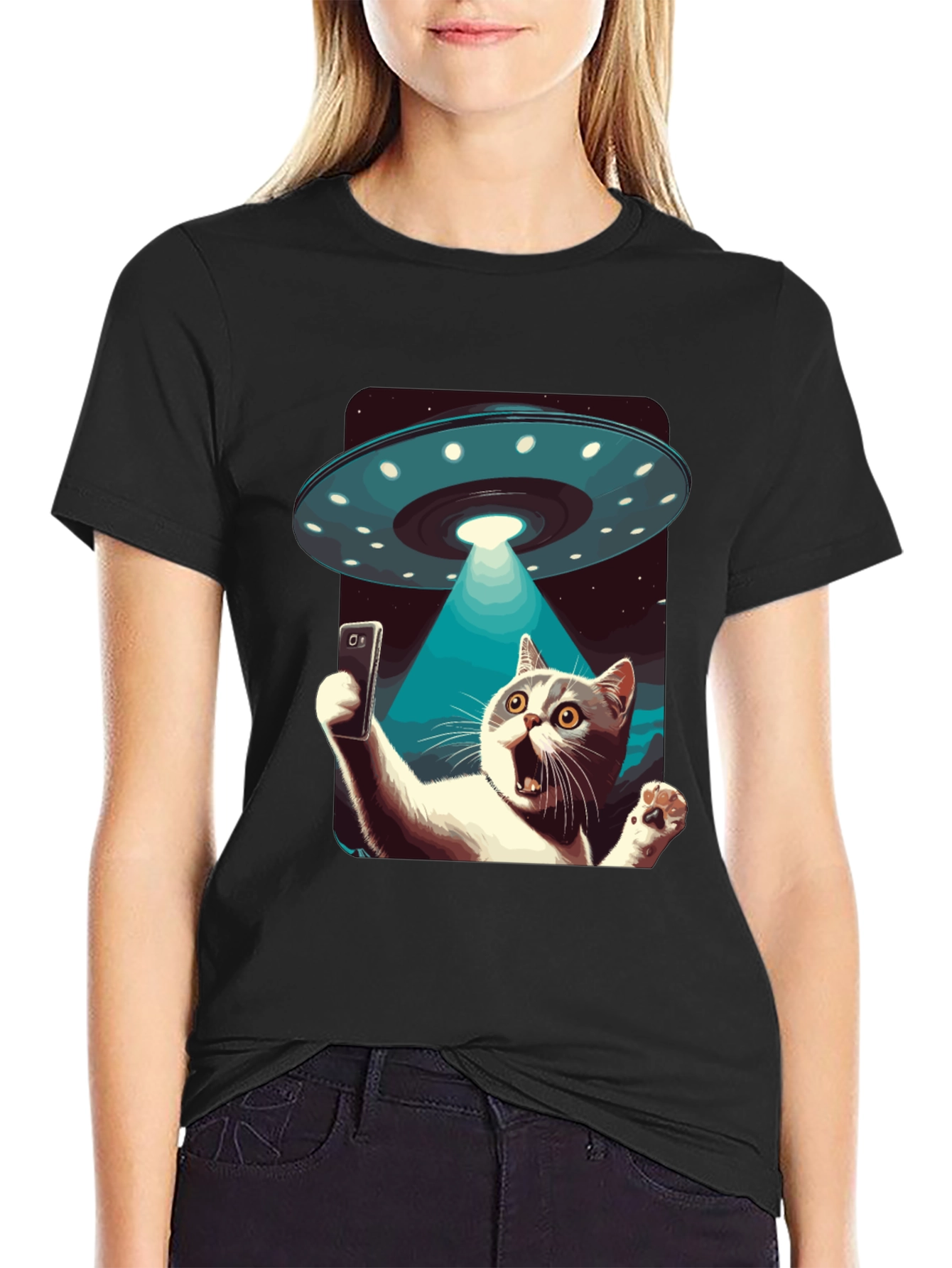 Black Alien Abduction Cat Selfie T-Shirt view 2