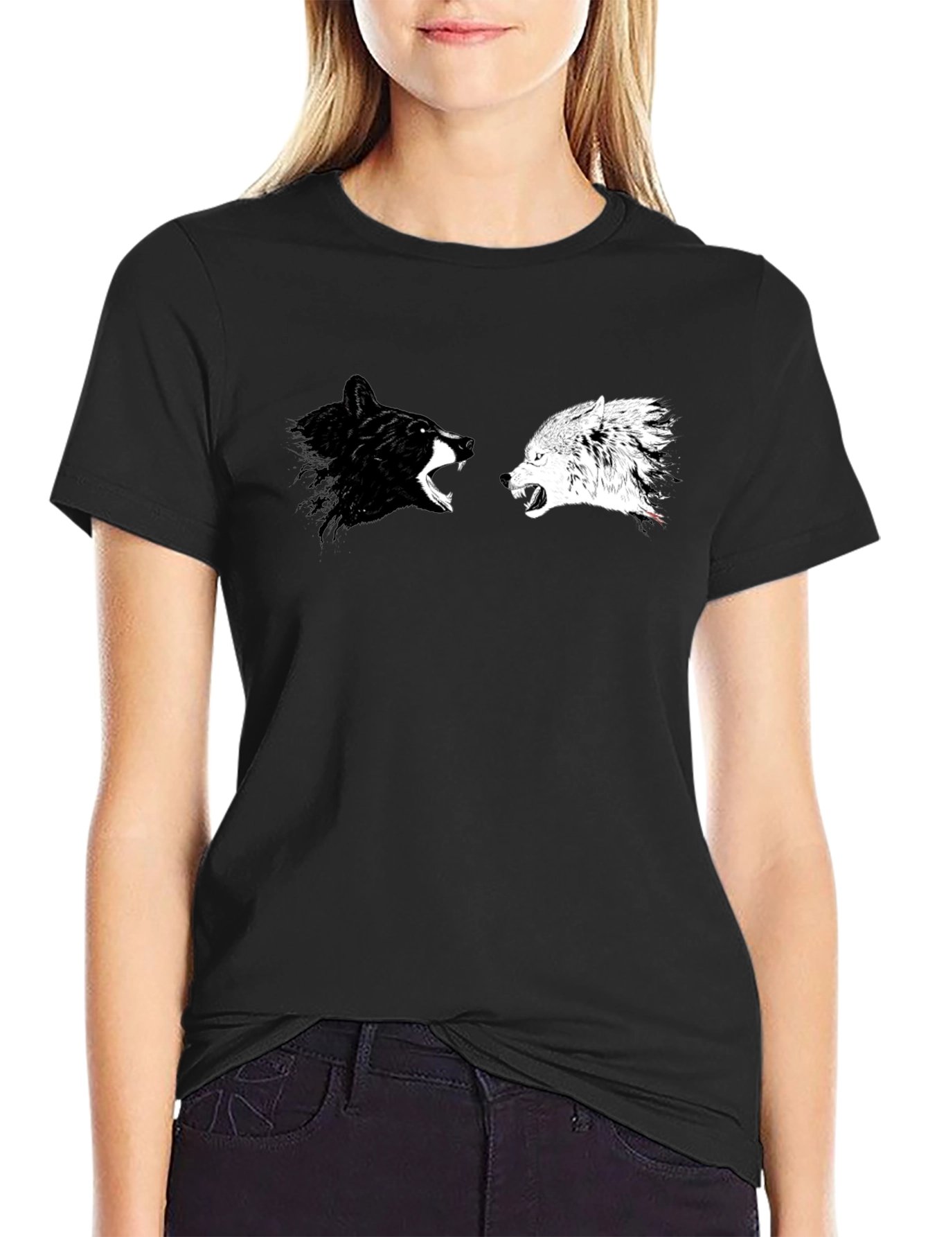 Black Yin Yang Wolves Graphic Tee - Black Cotton T-Shirt view 2