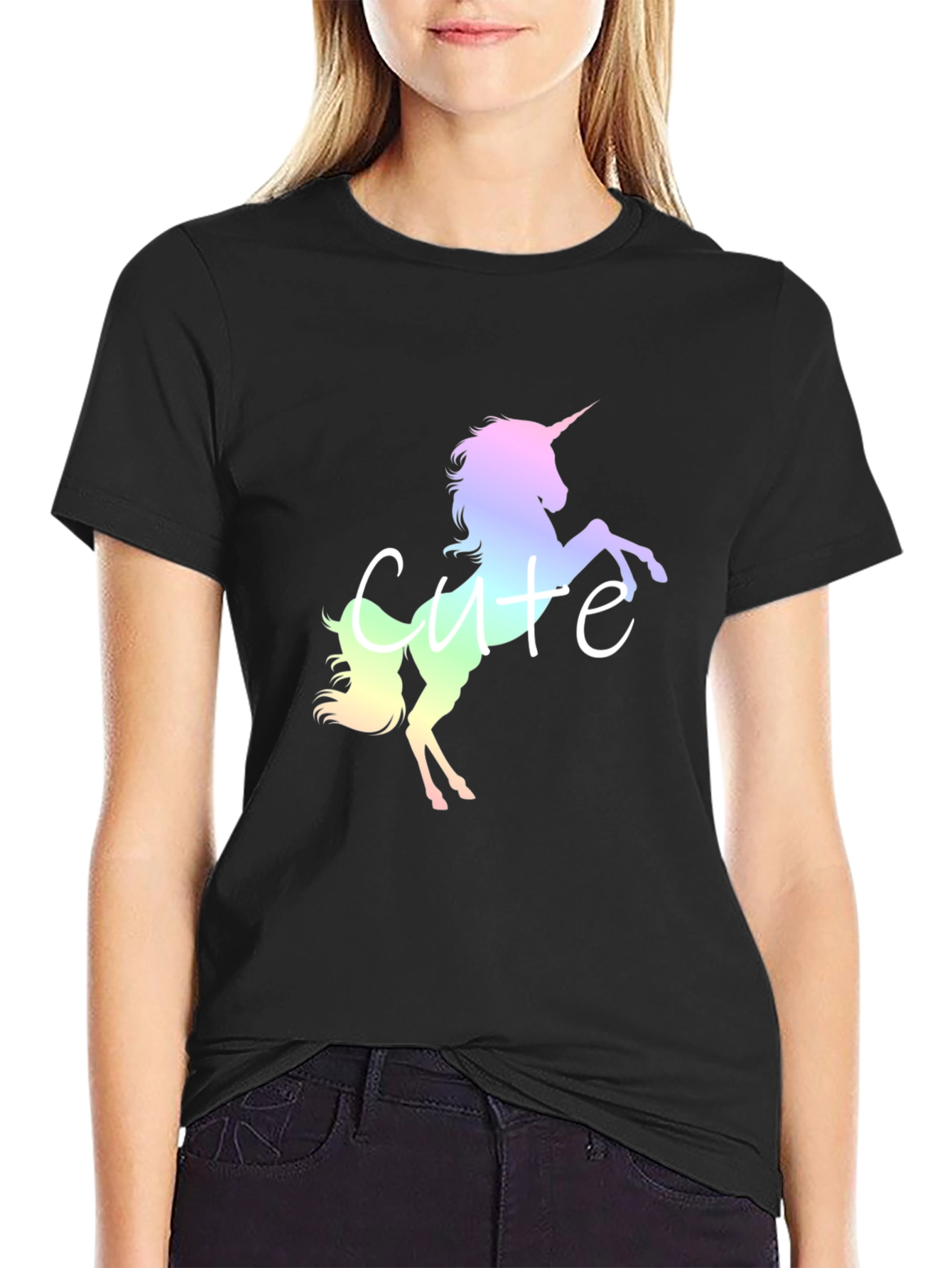 Black Cute Unicorn Graphic Tee - Black Cotton Blend Shirt view 2
