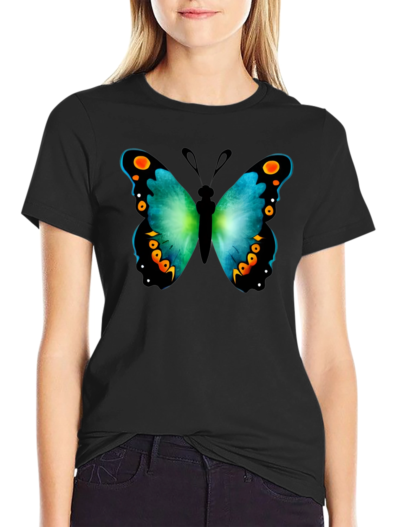 Black Butterfly Graphic Print Crew Neck T-Shirt view 2