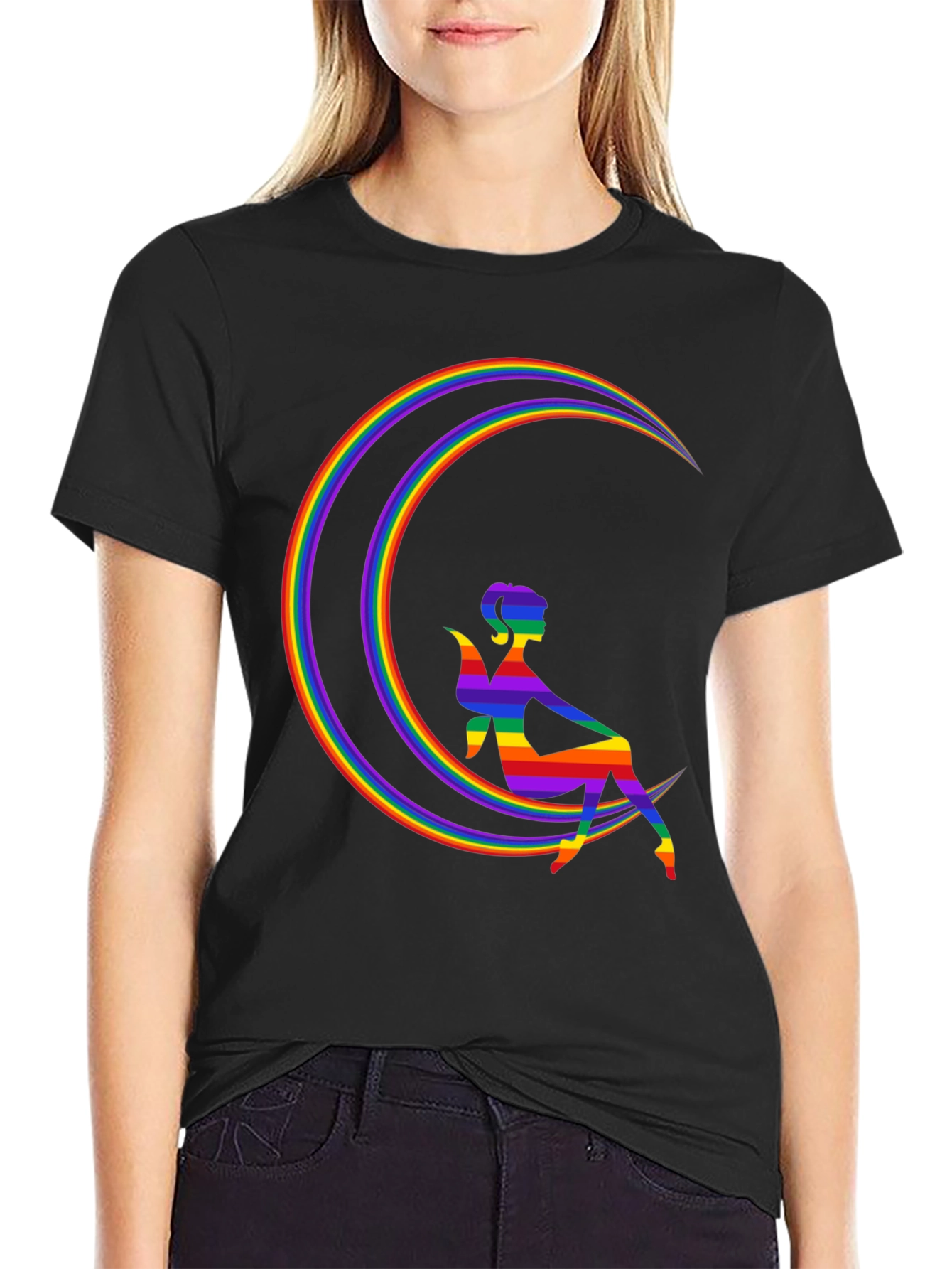 Black Rainbow Fairy on Moon Graphic Tee view 2