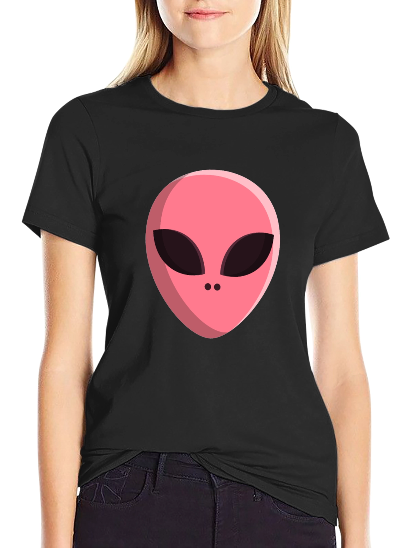 Black Alien Head Graphic Tee - Black Cotton Blend T-Shirt view 2
