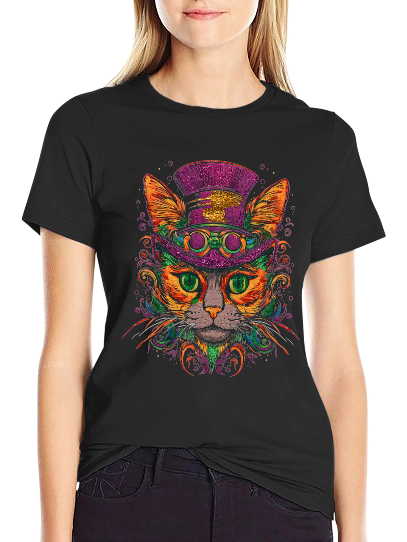 Black Steampunk Cat Graphic Tee view 2