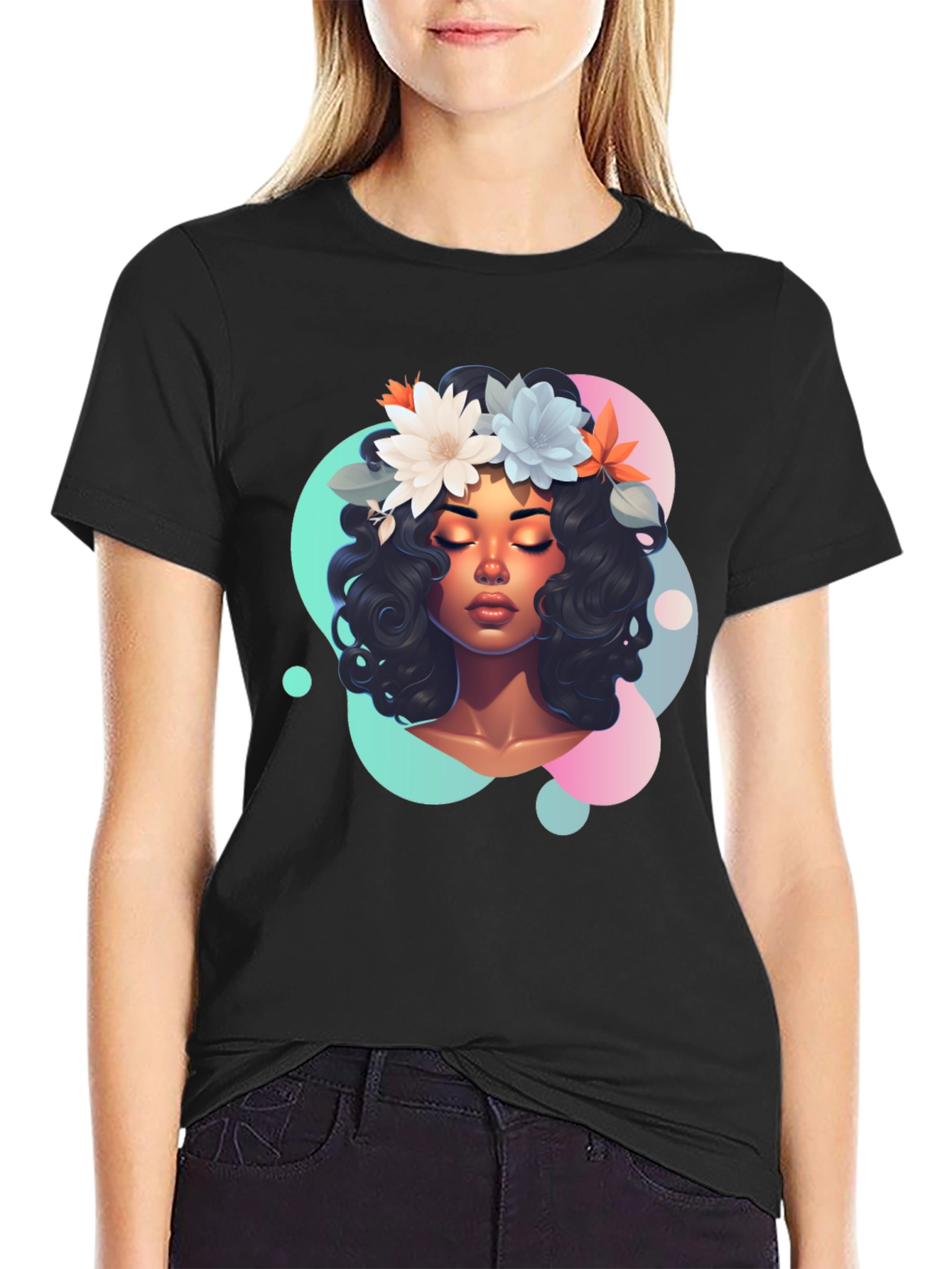 Black Floral Dream T-Shirt - Women's Graphic Tee view 2