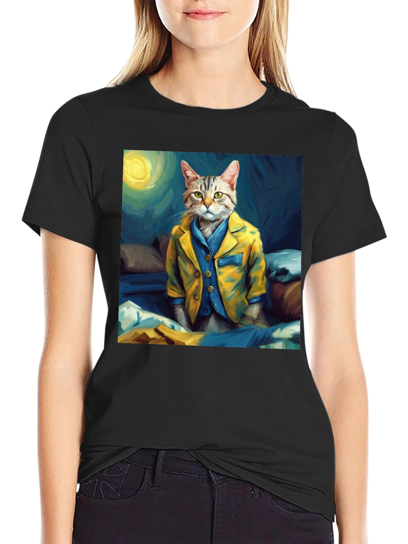 Black Cat in Pajamas T-Shirt - Artistic Animal Tee view 2
