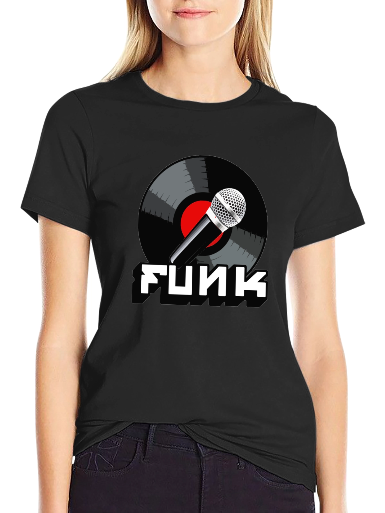 Black Funk Music T-Shirt with Microphone and Vinyl Record Design view 2