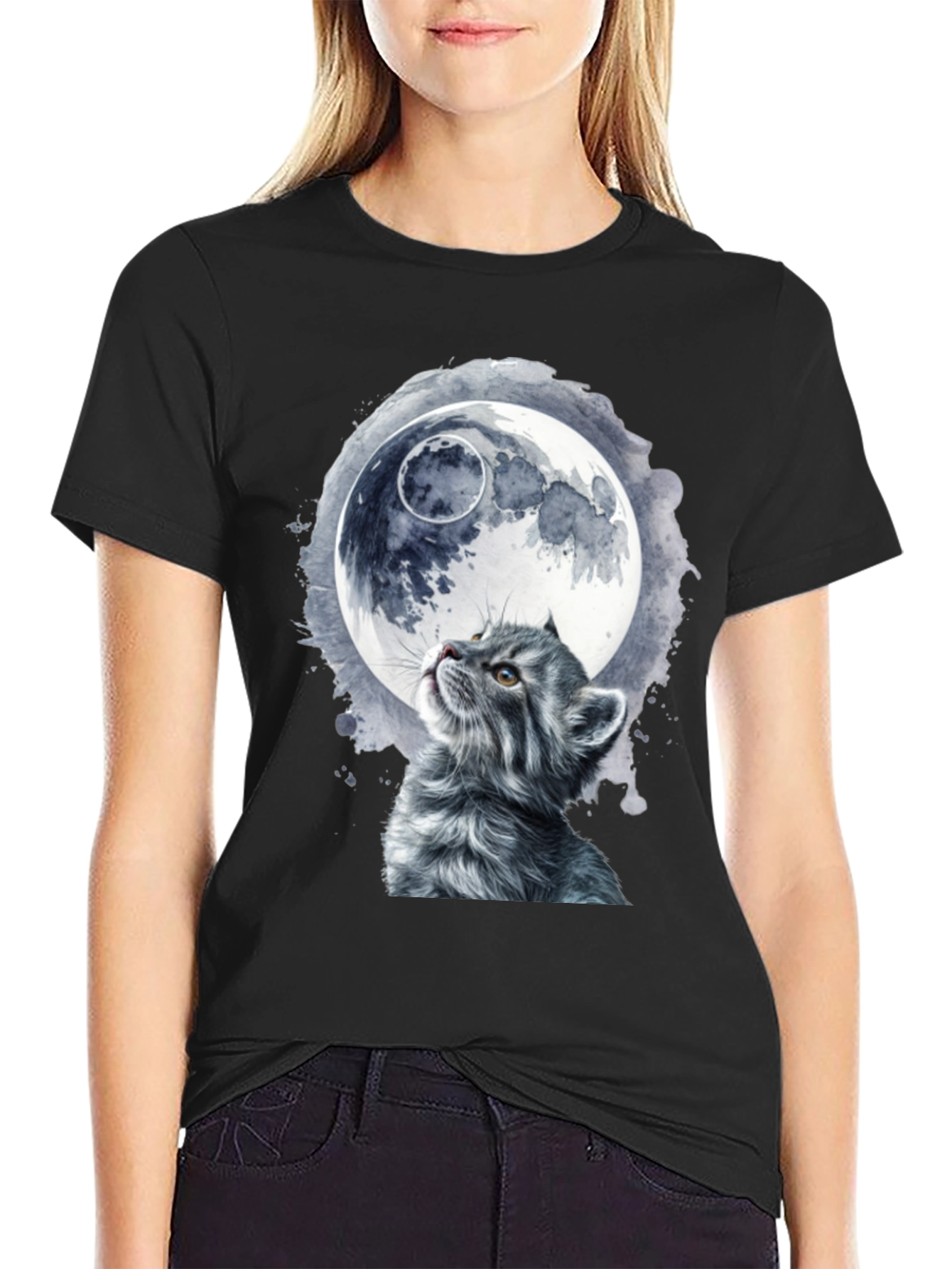 Black Cat & Moon Graphic T-Shirt - Unique Black Tee view 2