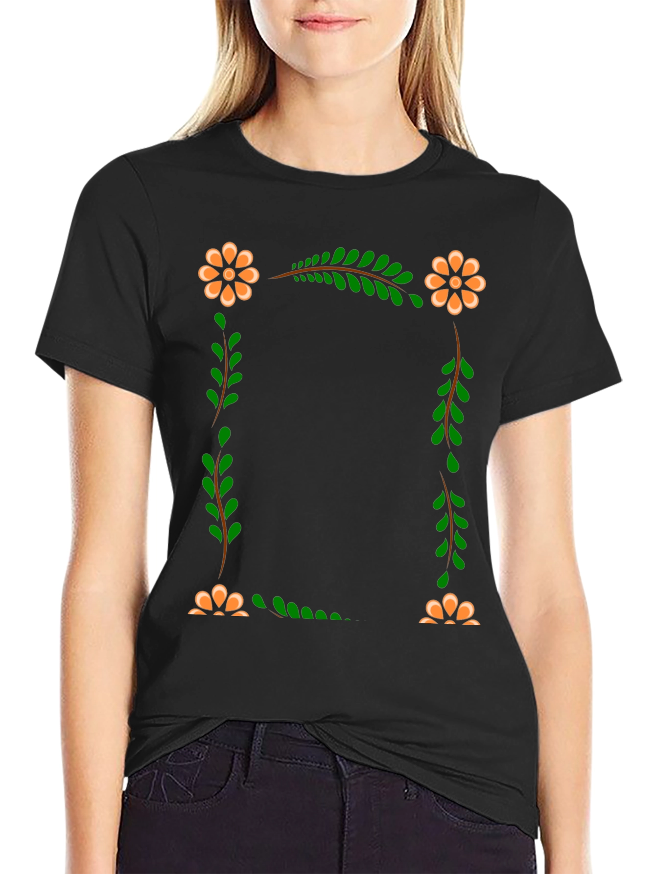 Black Floral Frame Black T-Shirt view 2