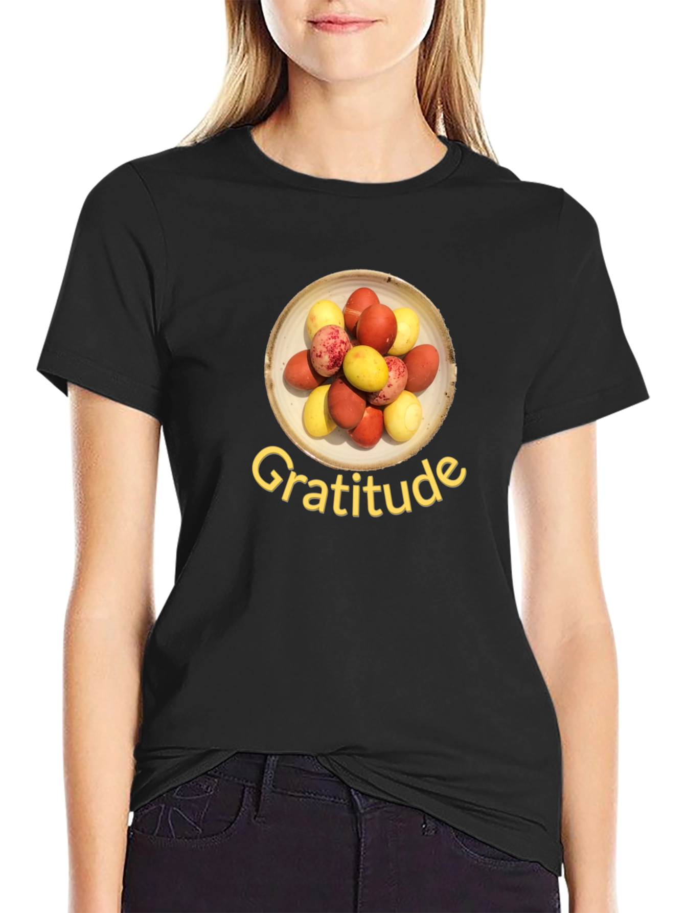 Black Gratitude T-Shirt: Colorful Egg Design, Soft Cotton Blend view 2