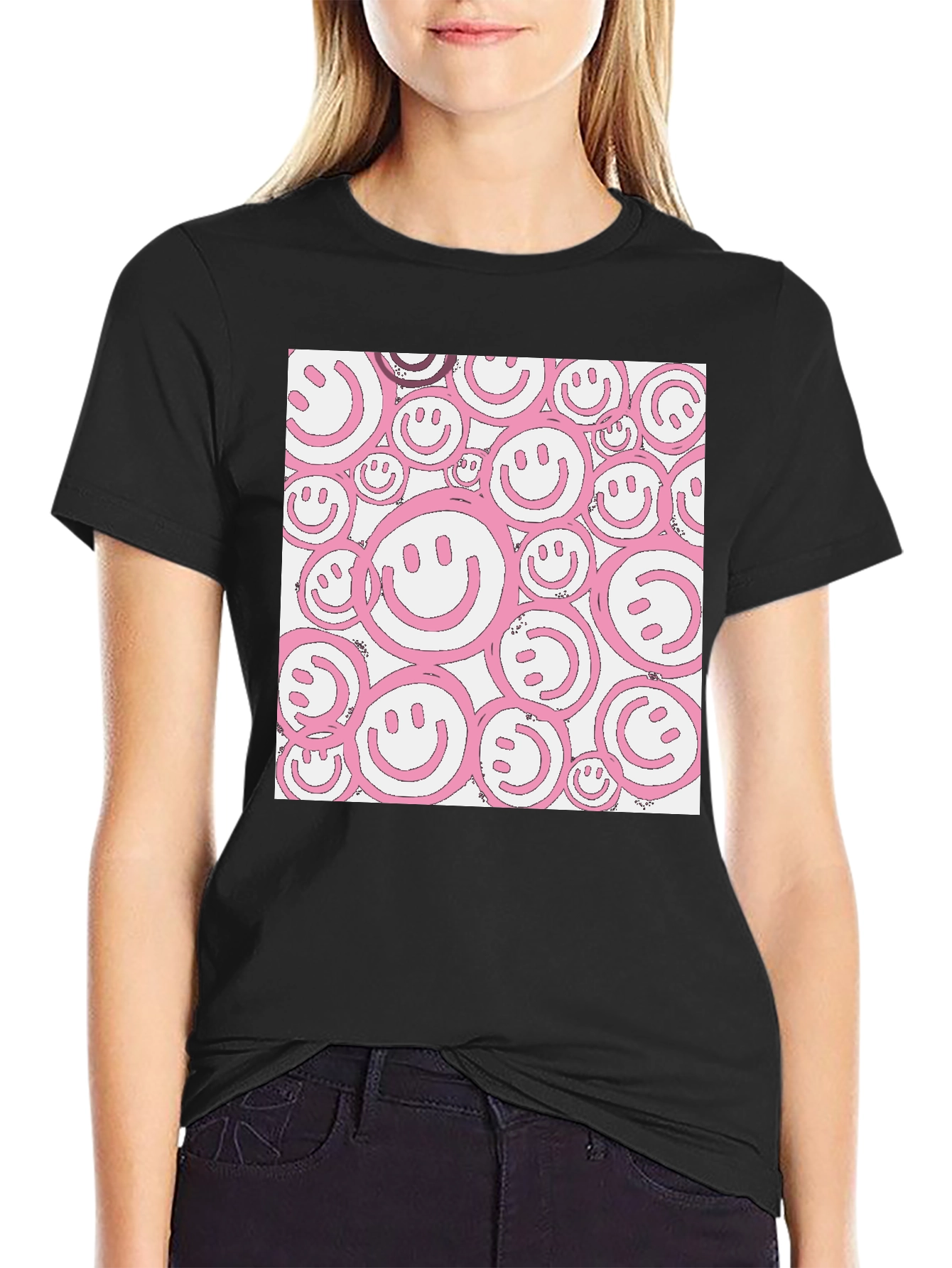 Black Pink Smiley Face Graphic Black T-Shirt view 2