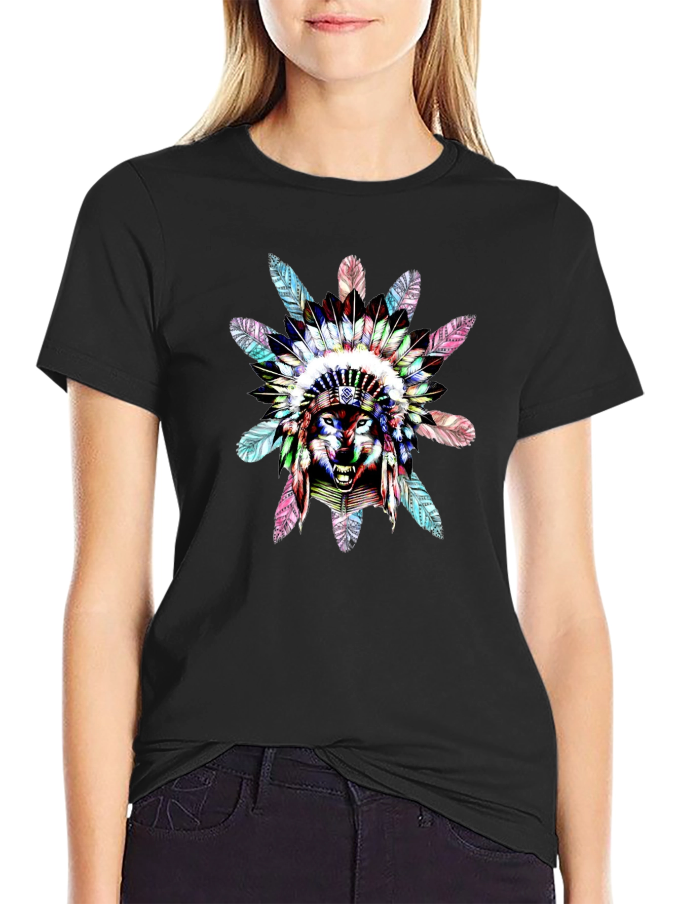 Black Wolf Headdress Graphic Black T-Shirt view 2