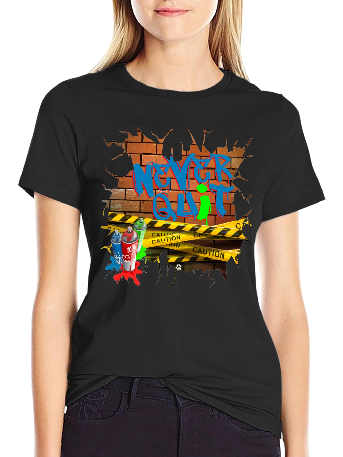 Black Never Quit Graffiti Brick Wall T-Shirt view 2
