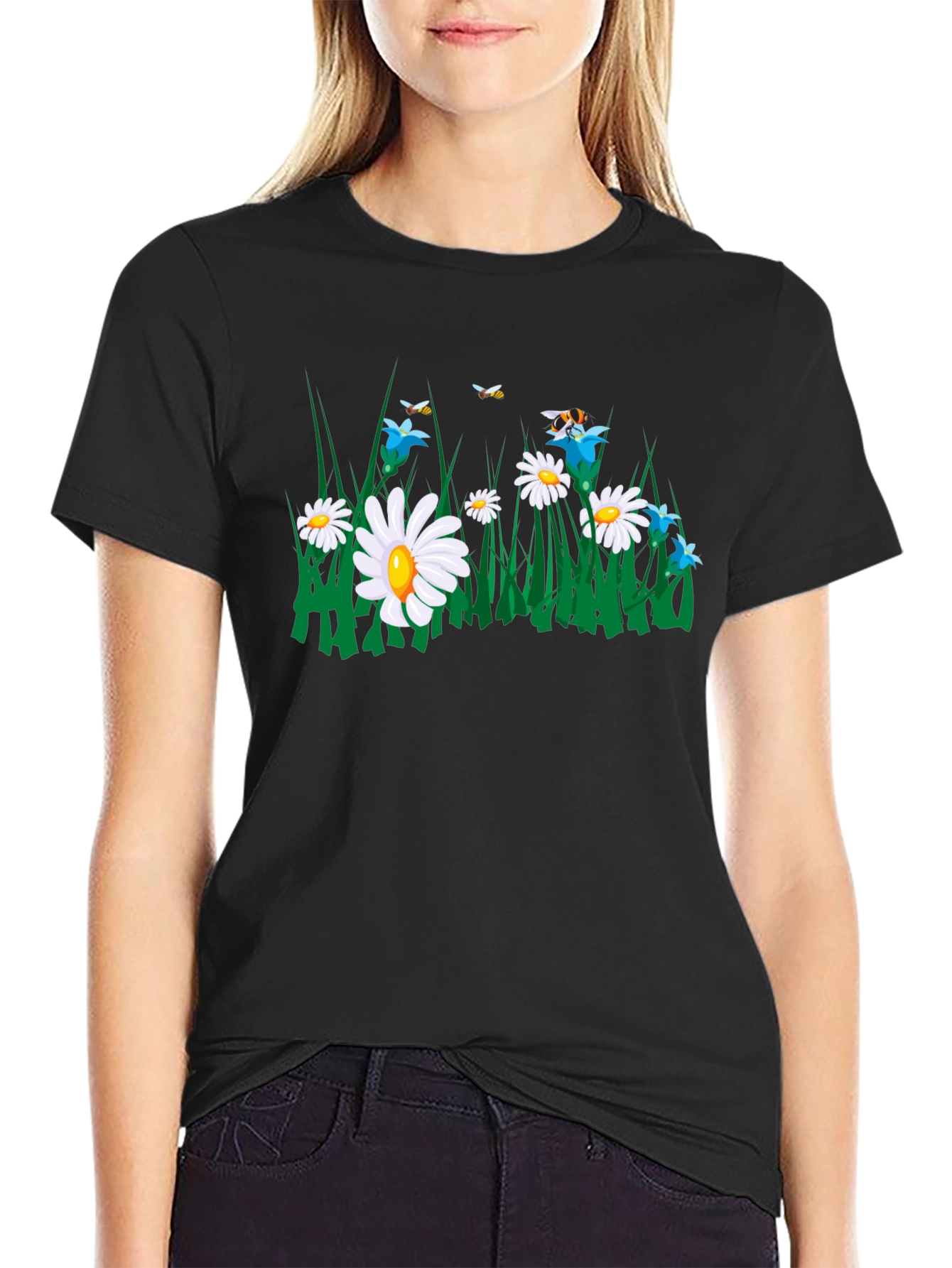 Black Daisy & Bee Graphic Tee - Black Cotton Blend view 2