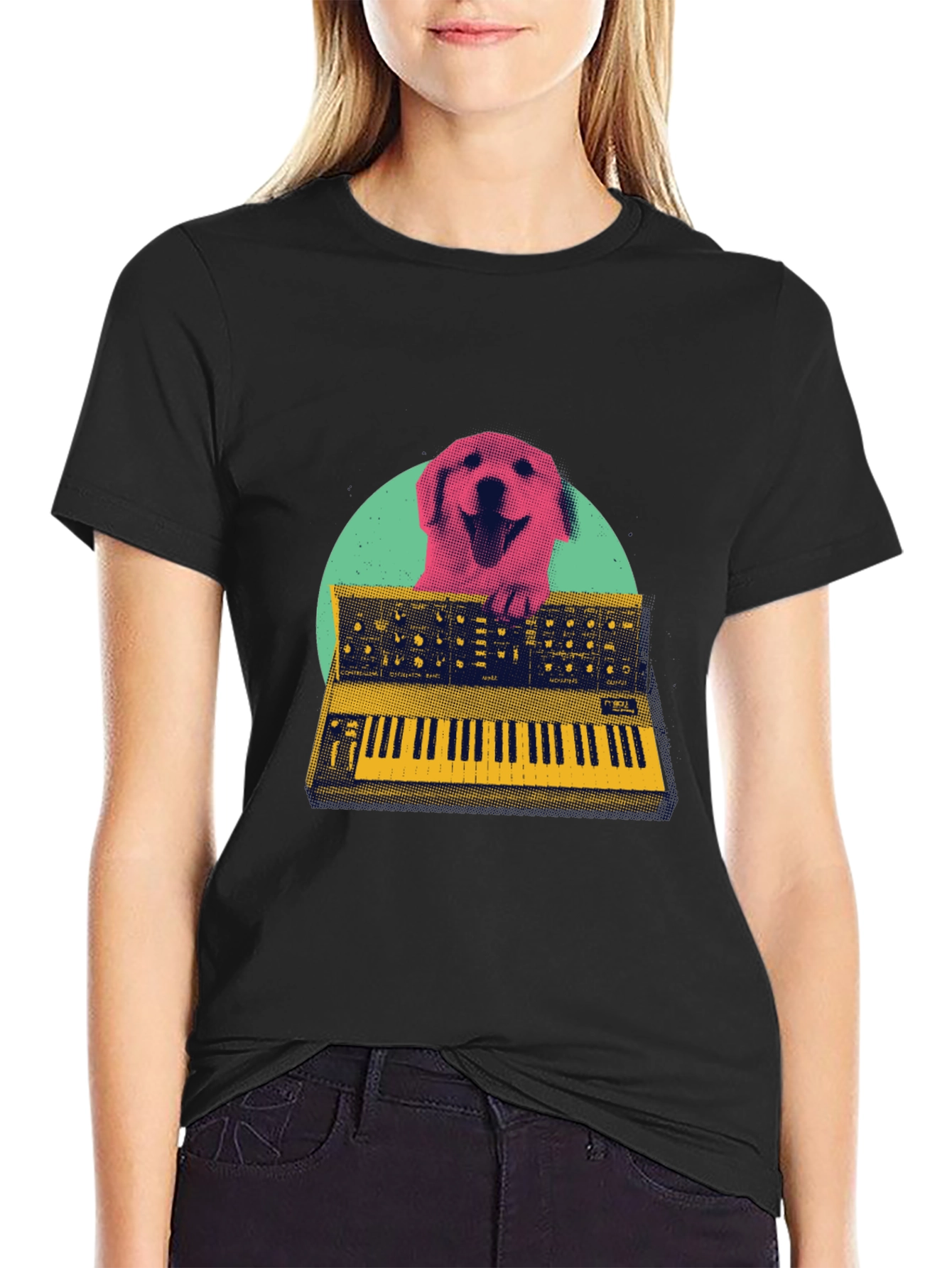 Black Retro Dog Synthesizer T-Shirt - Music Lover Tee view 2