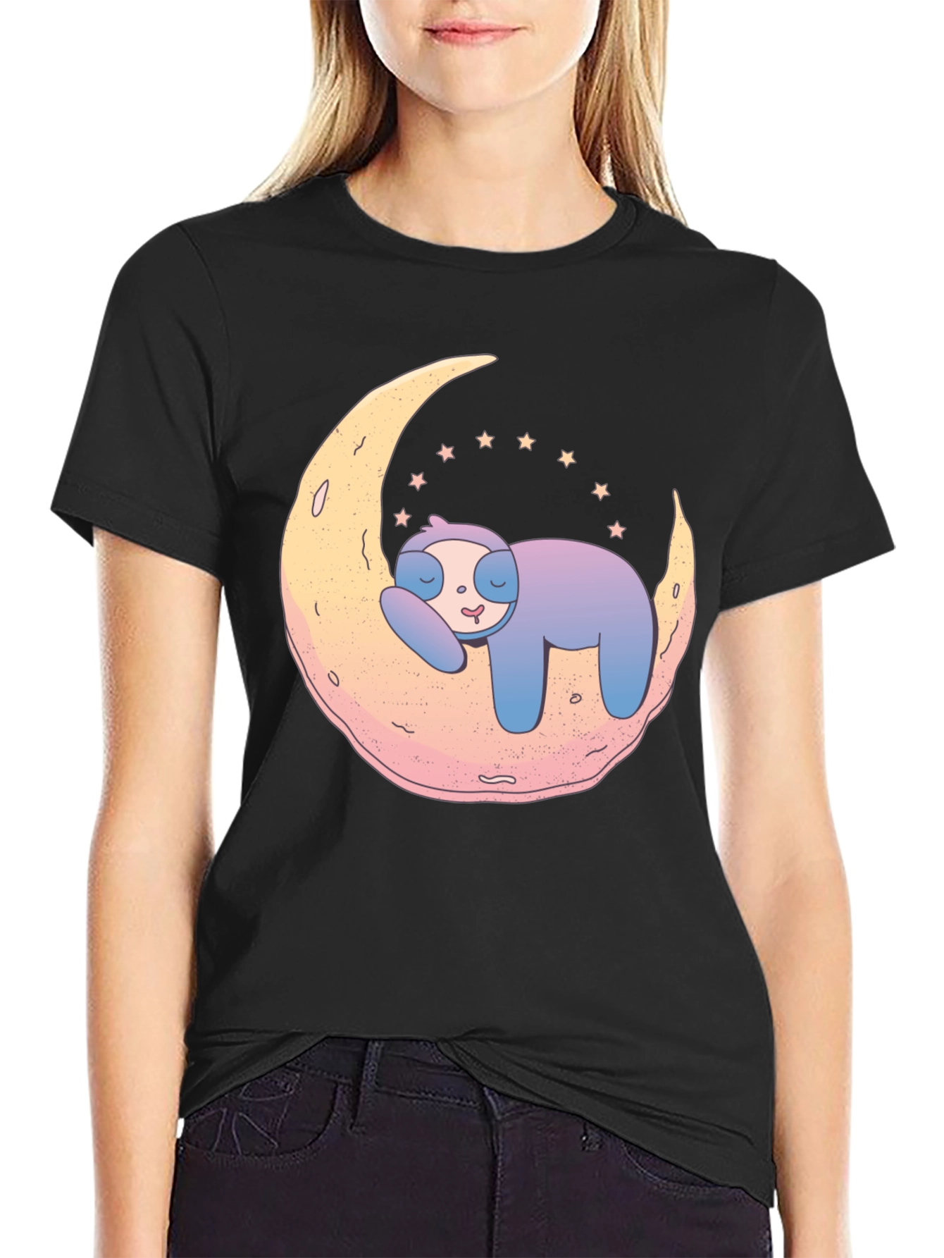 Black Dreamy Sloth on Moon Graphic Tee - Black view 2