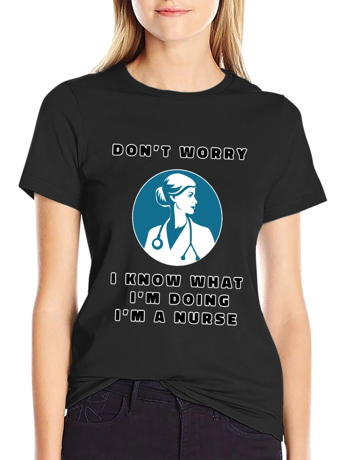 Black Nurse T-Shirt - Don't Worry, I'm a Nurse view 2