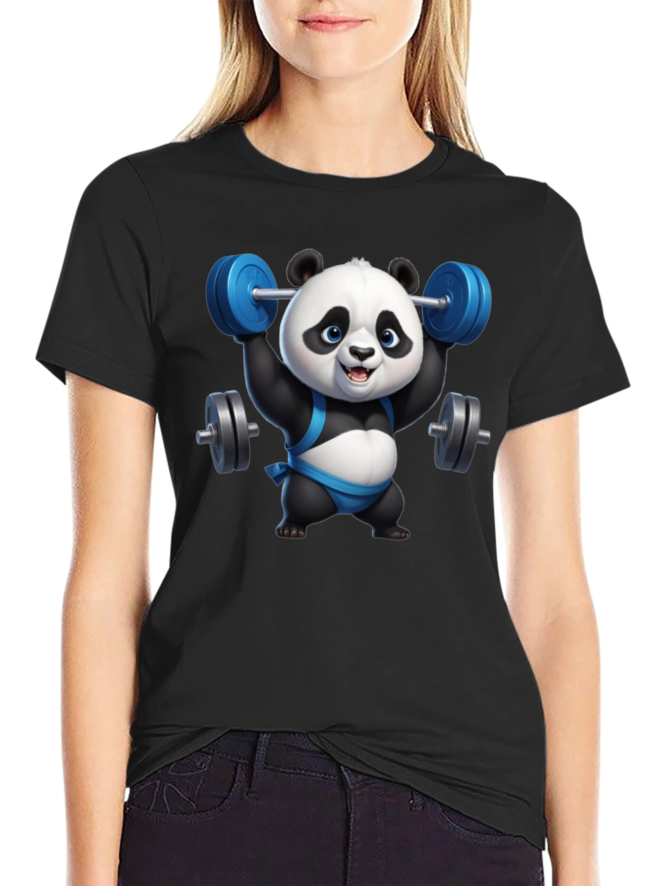 Black Funny Panda Lifting Weights Black T-Shirt view 2