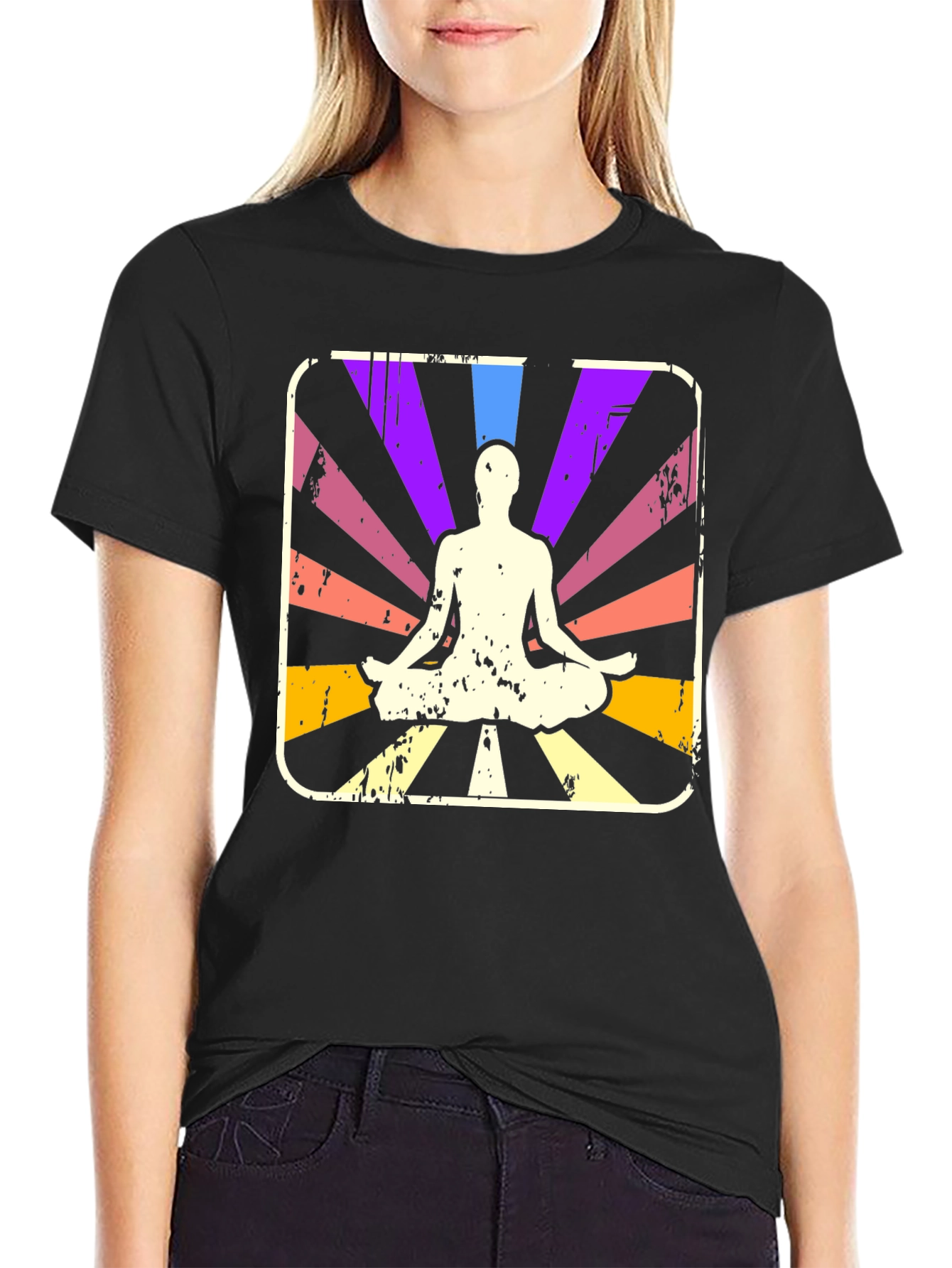 Black Yoga Meditation Graphic Tee - Retro Style view 2