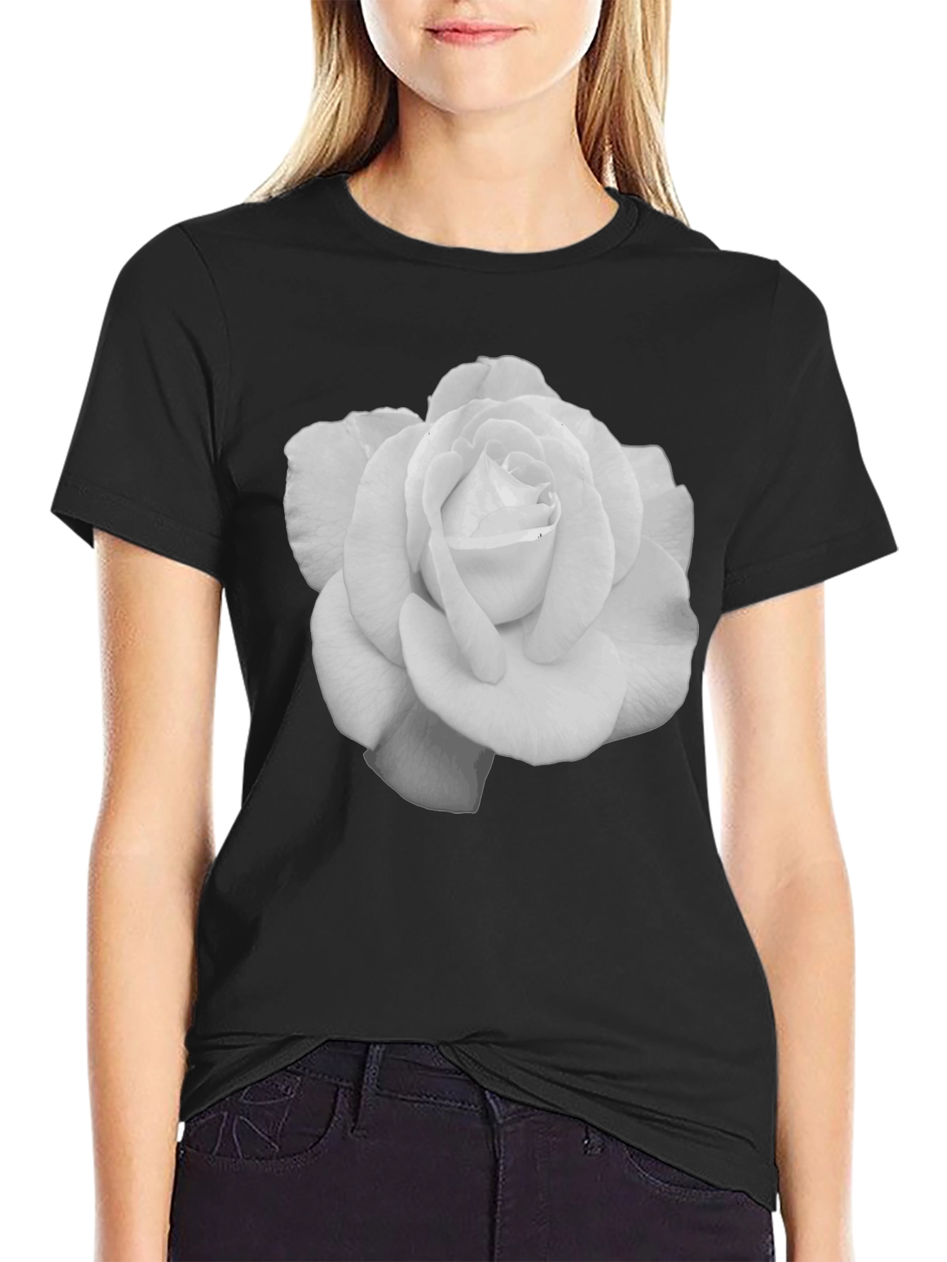 Black Elegant Rose Graphic Tee - Black Cotton T-Shirt view 2