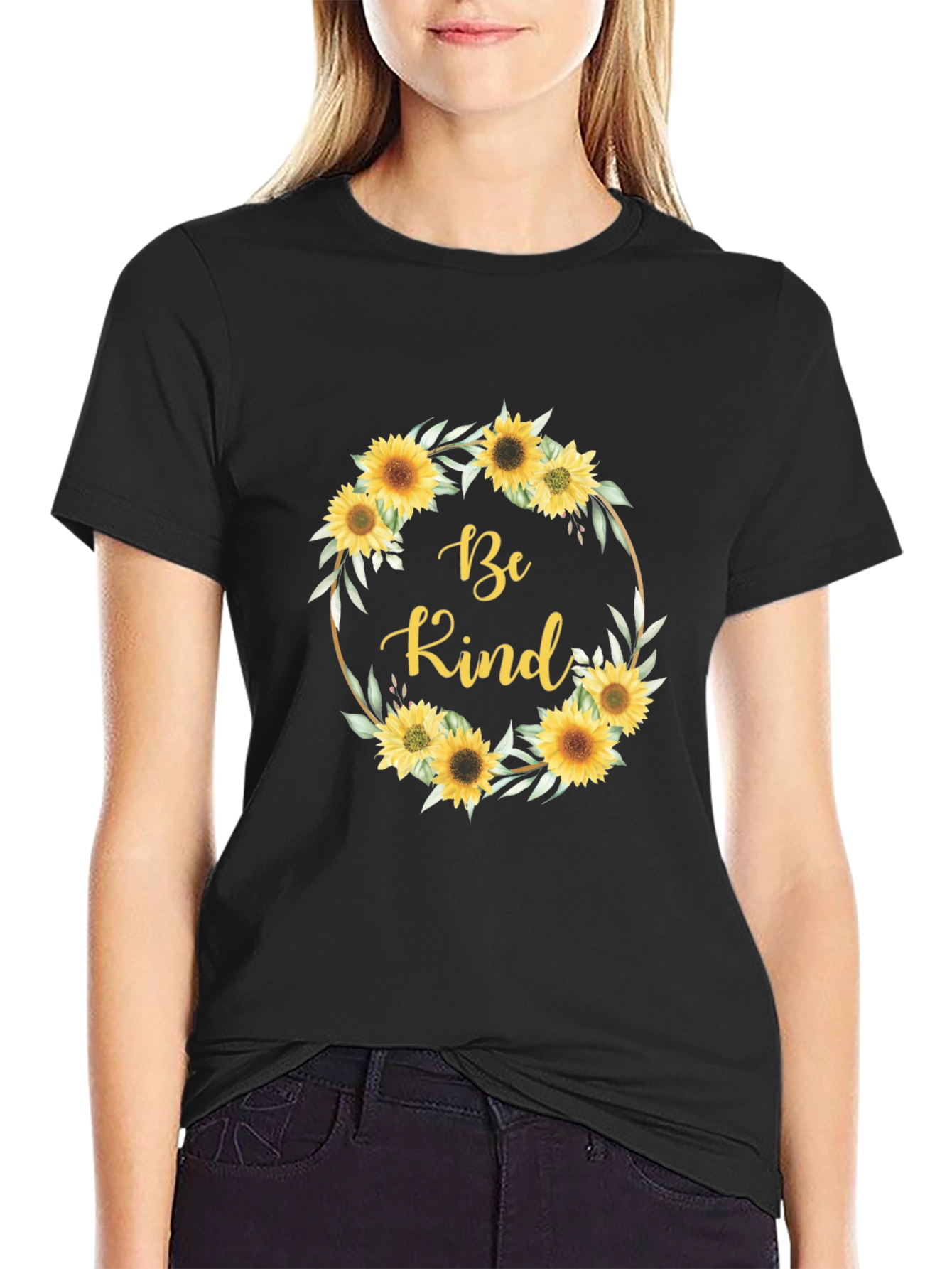 Black Be Kind Sunflower Wreath Graphic T-Shirt view 2