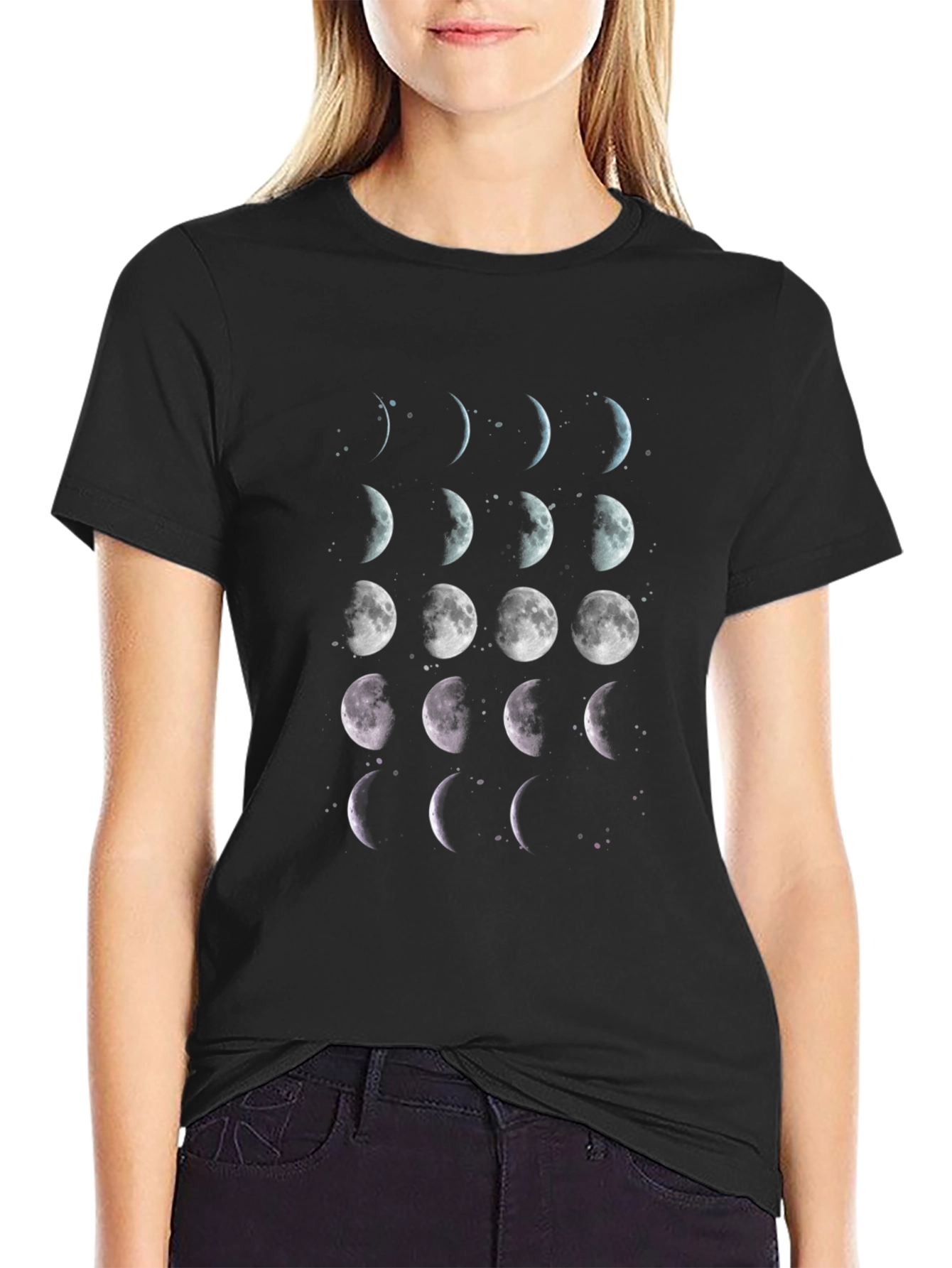 Black Lunar Phases T-Shirt - Black Cotton Celestial Tee view 2
