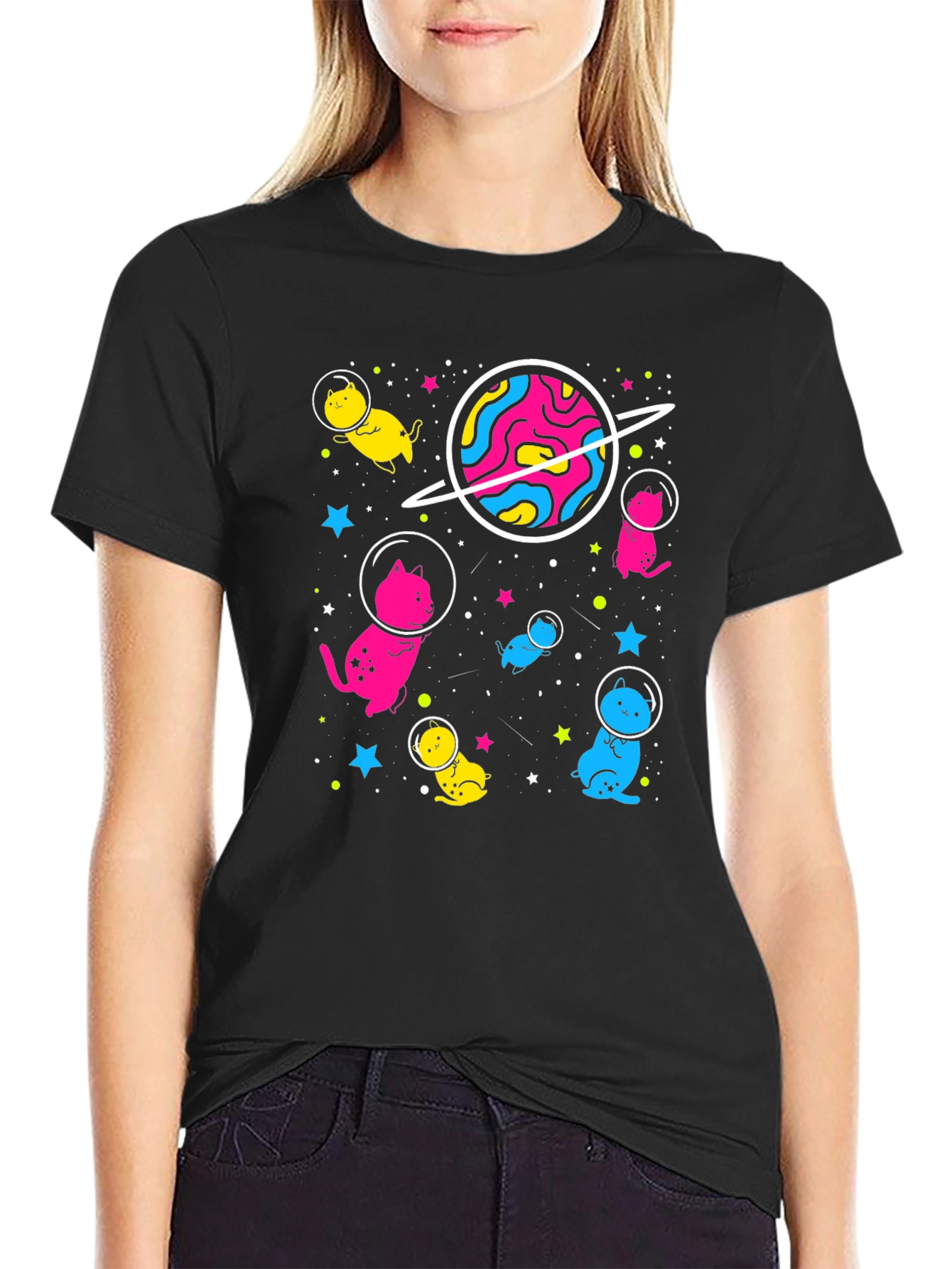 Black Space Cat T-Shirt - Funky Cosmic Design view 2