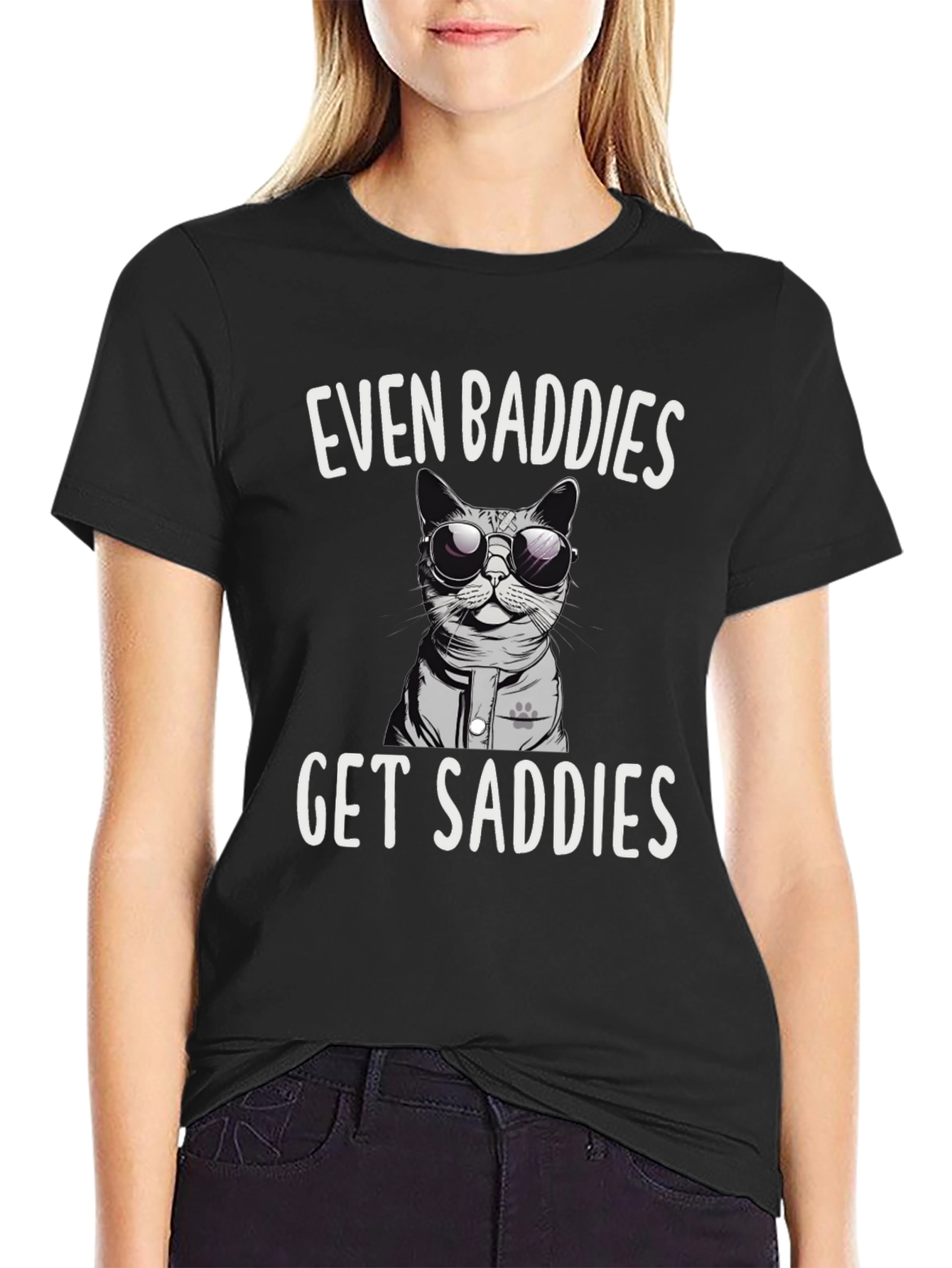 Black Even Baddies Get Saddies T-Shirt Funny Cat Tee view 2