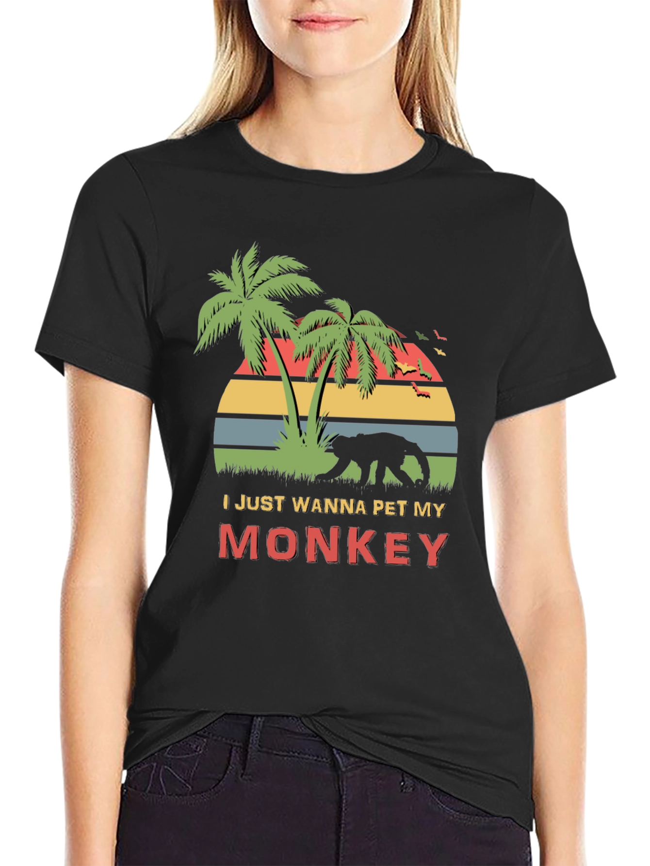 Black Funny Monkey Lover T-Shirt - I Just Wanna Pet My Monkey view 2
