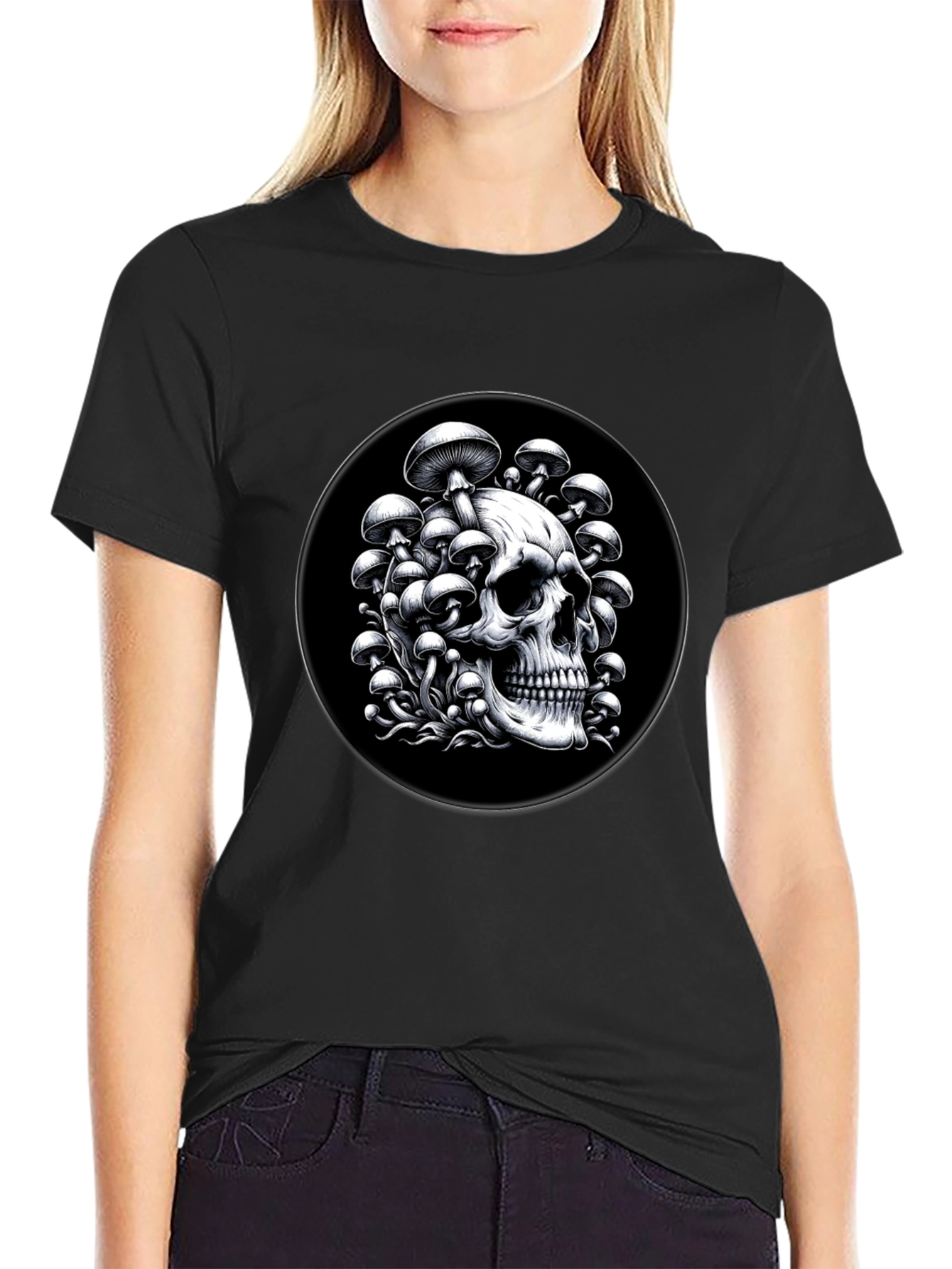 Black Skull & Mushroom Graphic Tee - Black view 2