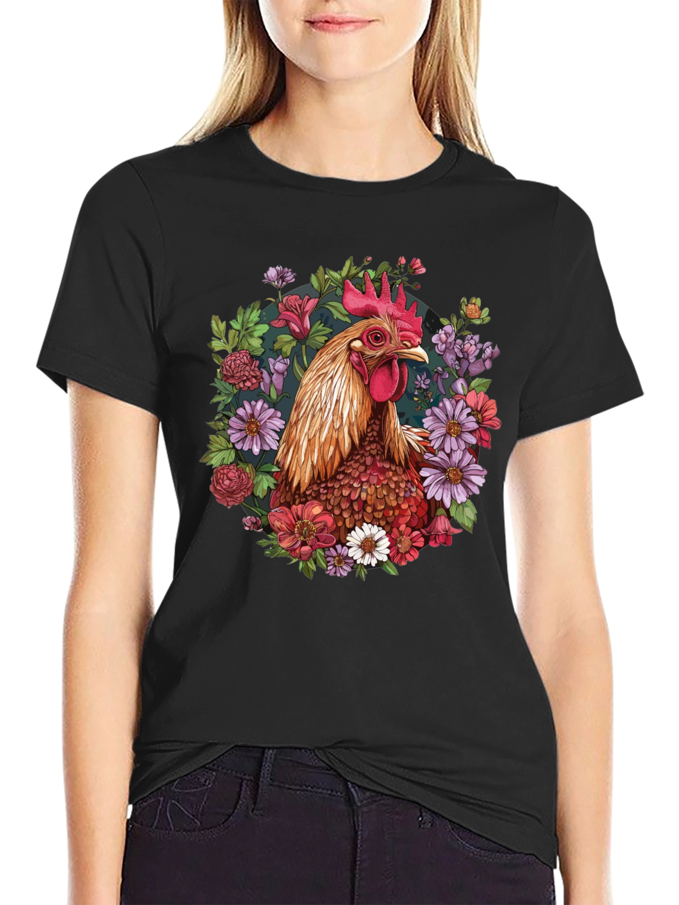 Black Rooster Floral T-Shirt - Unique Graphic Tee view 2