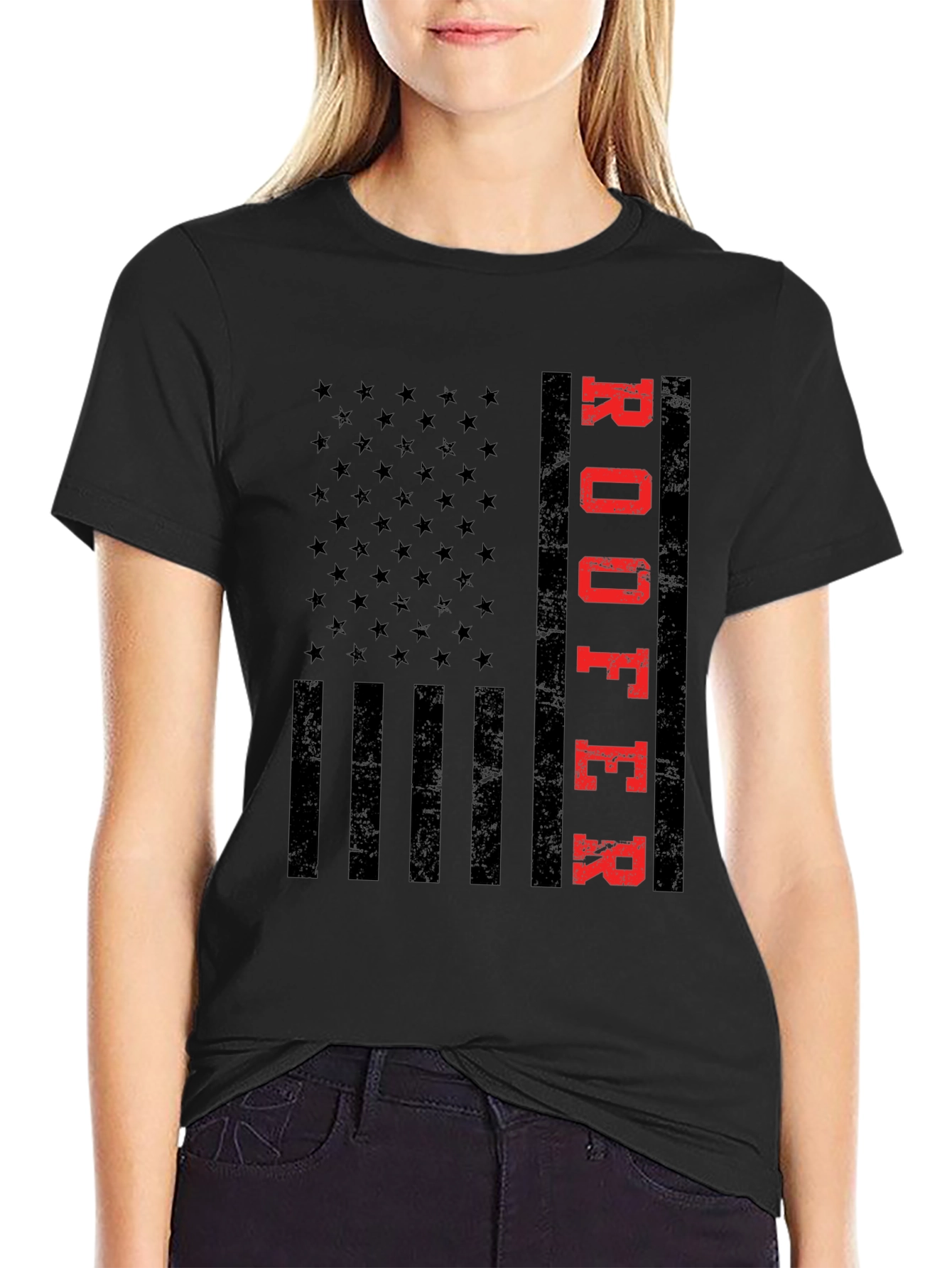 Black Roofer American Flag T-Shirt Patriotic Job Pride view 2