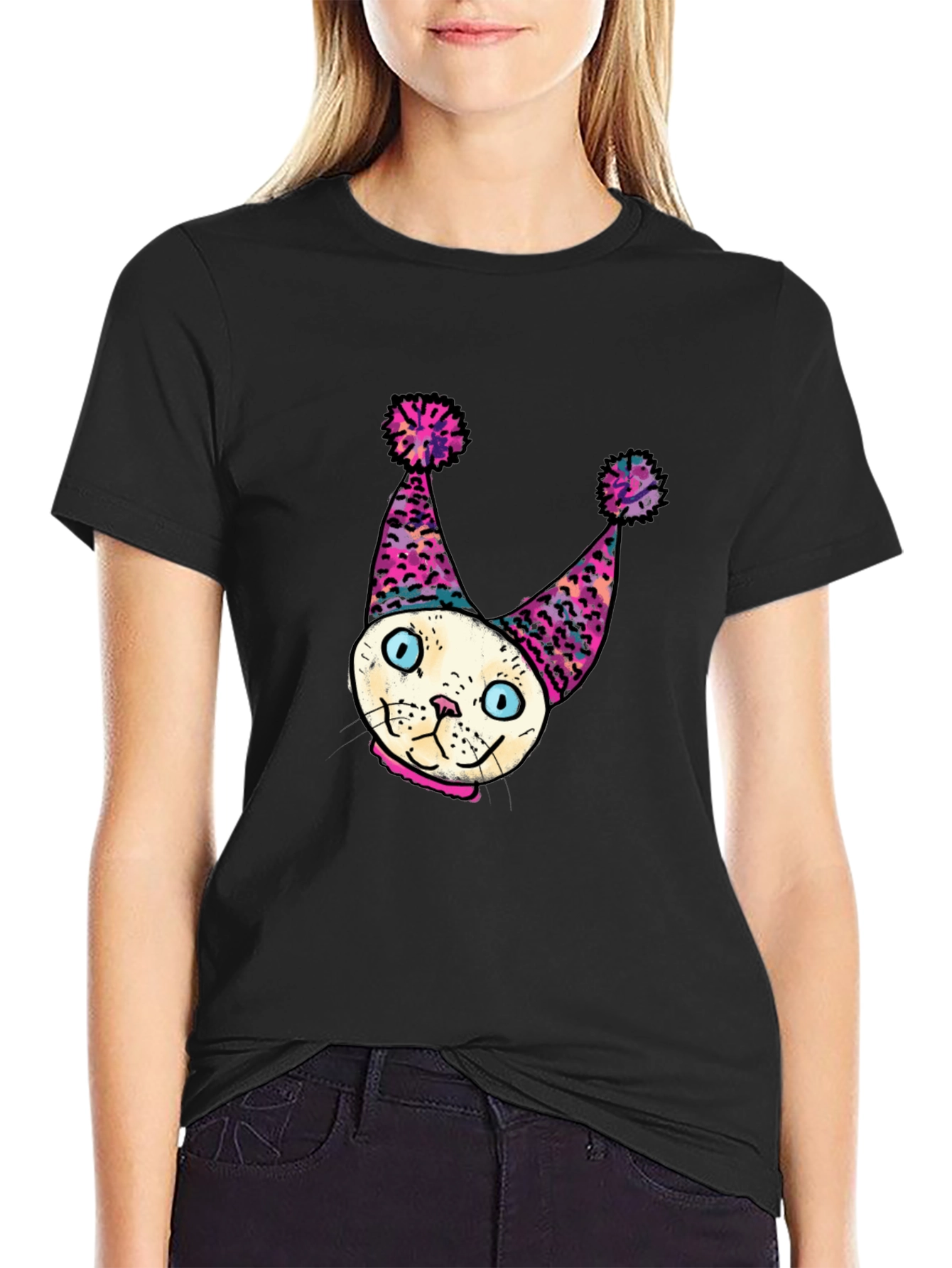 Black Whimsical Cat Clown T-Shirt - Unique Graphic Tee view 2