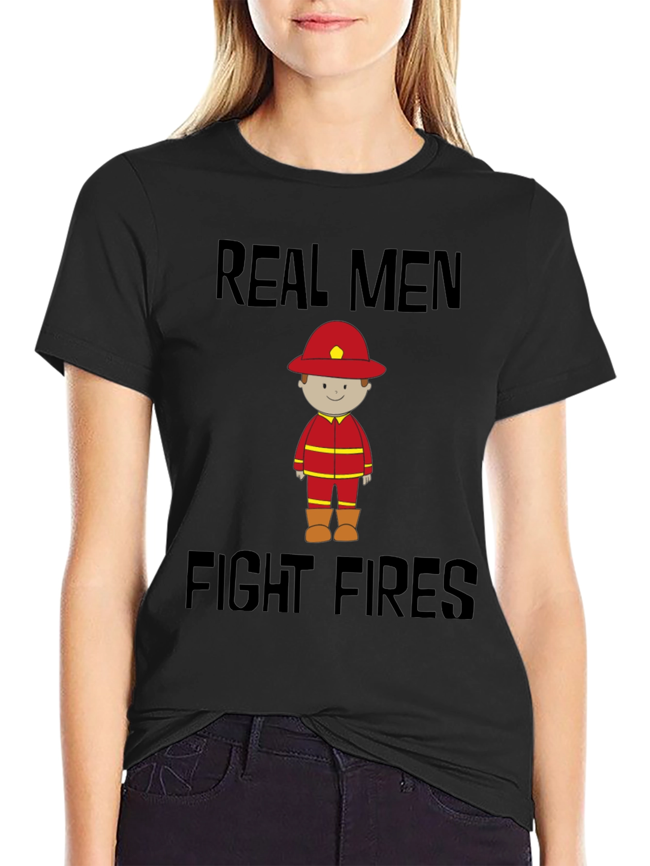 Black Real Men Fight Fires Graphic Tee view 2