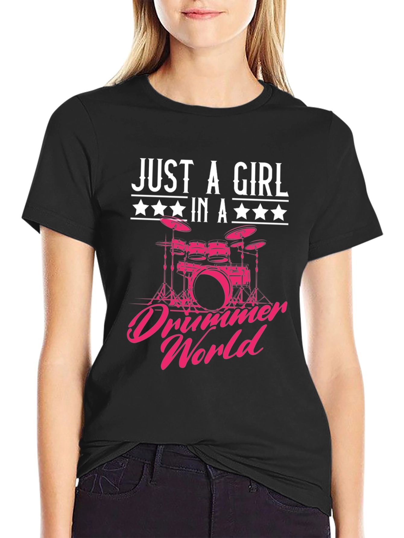 Black Just a Girl in a Drummer World Graphic T-Shirt view 2