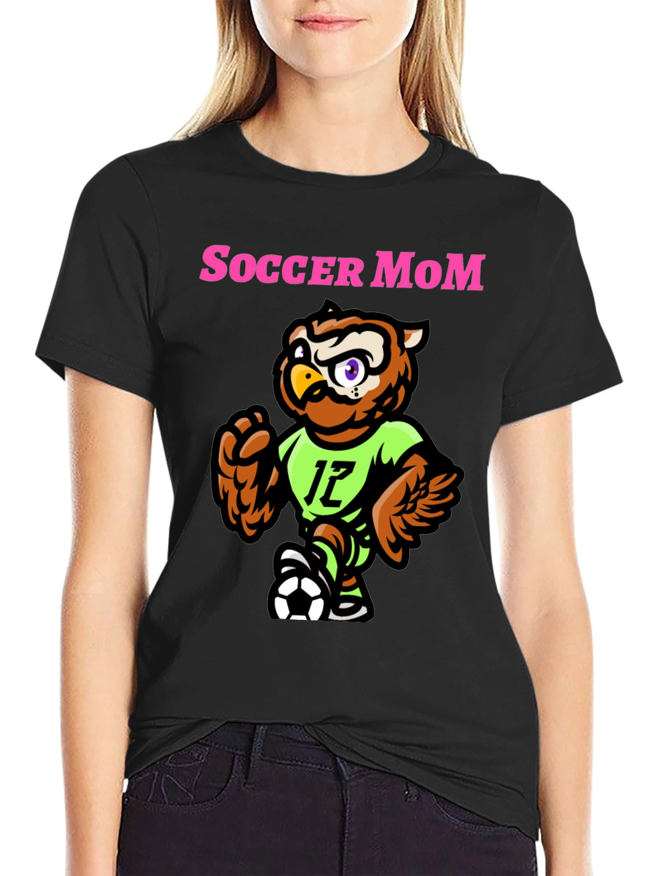 Black Soccer Mom Owl T-Shirt - Sporty Graphic Tee view 2