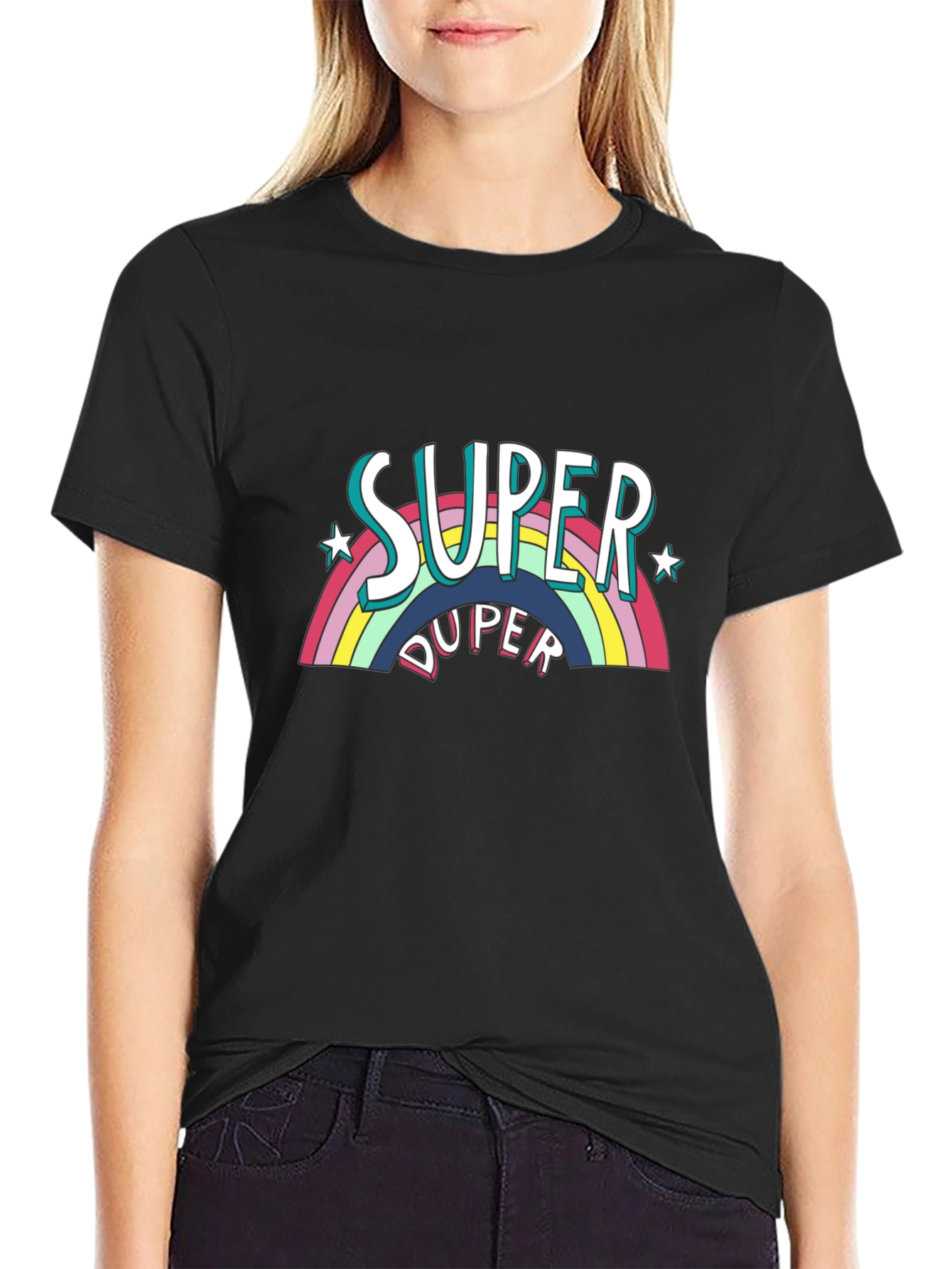 Black Super Duper Rainbow Graphic Tee - Black Cotton Casual T-Shirt view 2