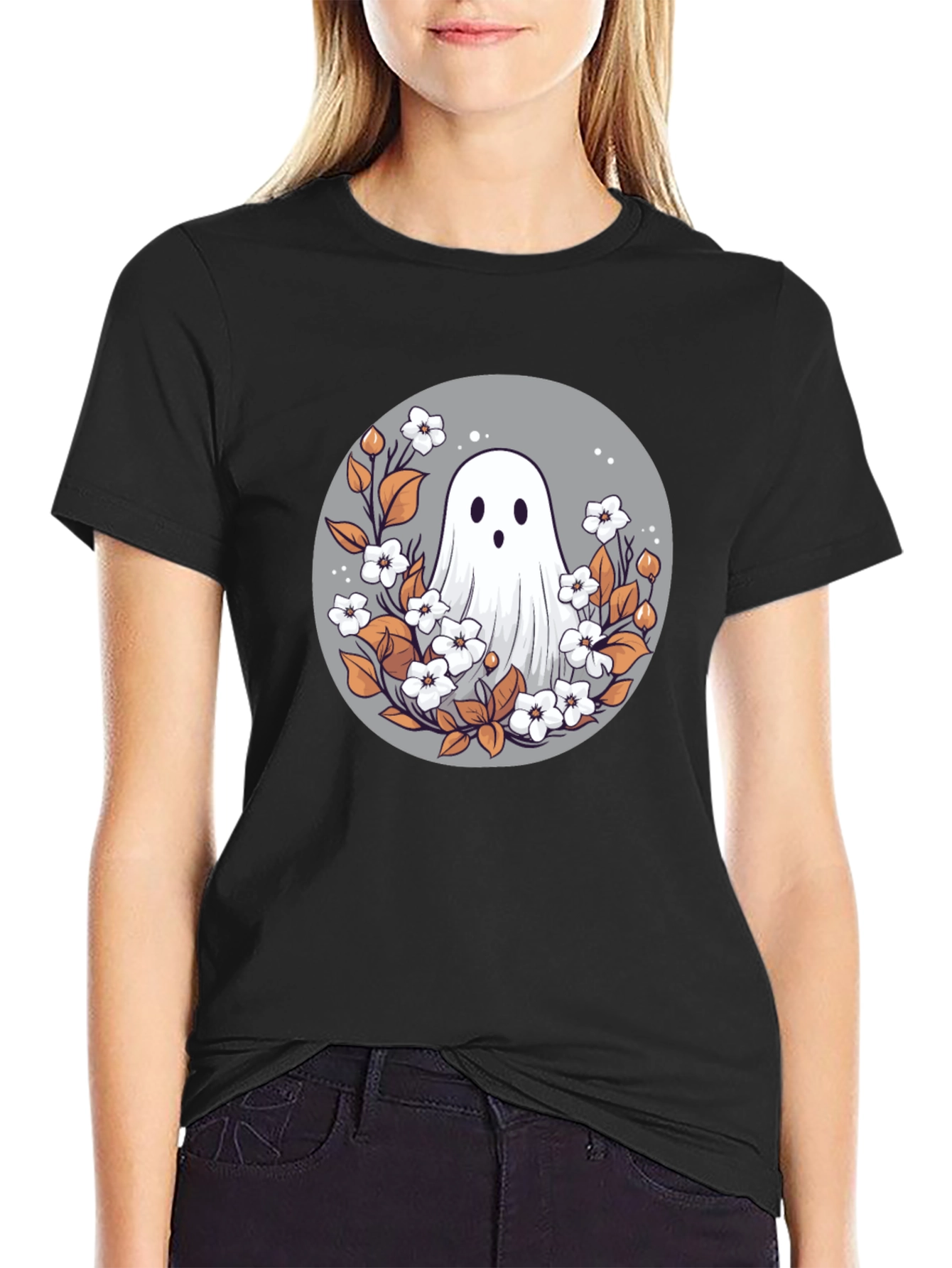 Black Ghostly Floral T-Shirt - Spooky Cute Design view 2