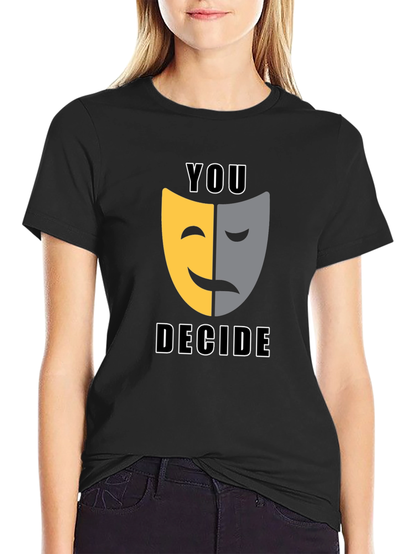 Black You Decide T-Shirt: Comedy Tragedy Mask Graphic Tee view 2
