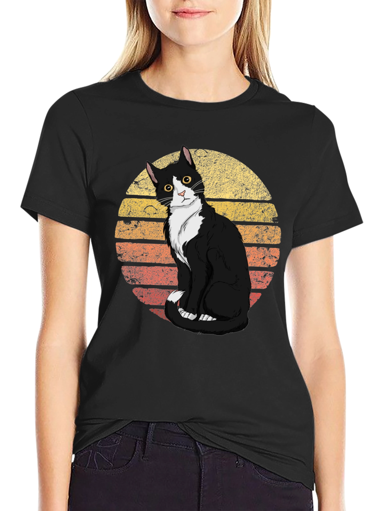 Black Retro Cat Graphic Tee - Black view 2