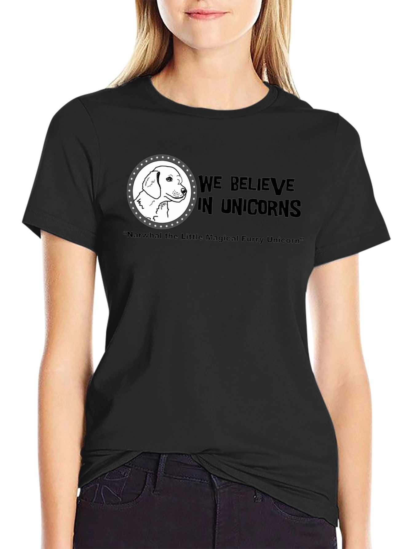 Black We Believe In Unicorns Dog T-Shirt view 2